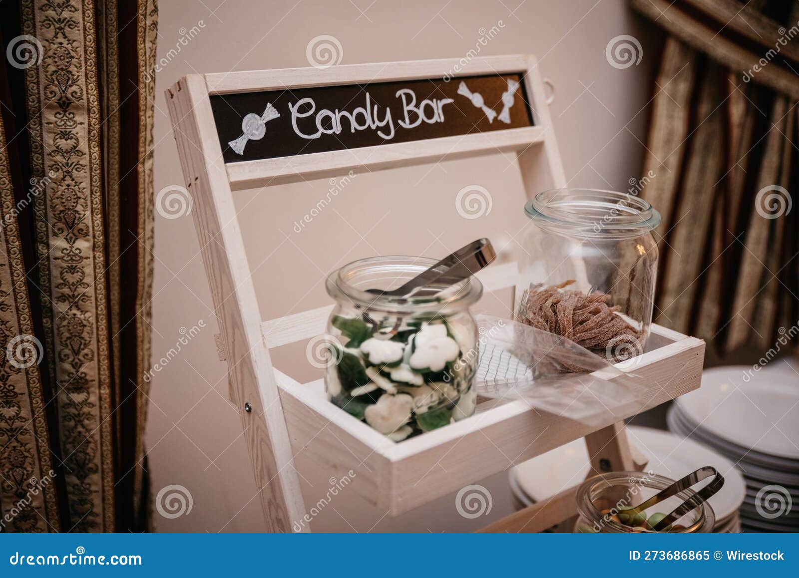 Small Wooden Candy Bar at a Wedding Stock Image Image of tablecloth
