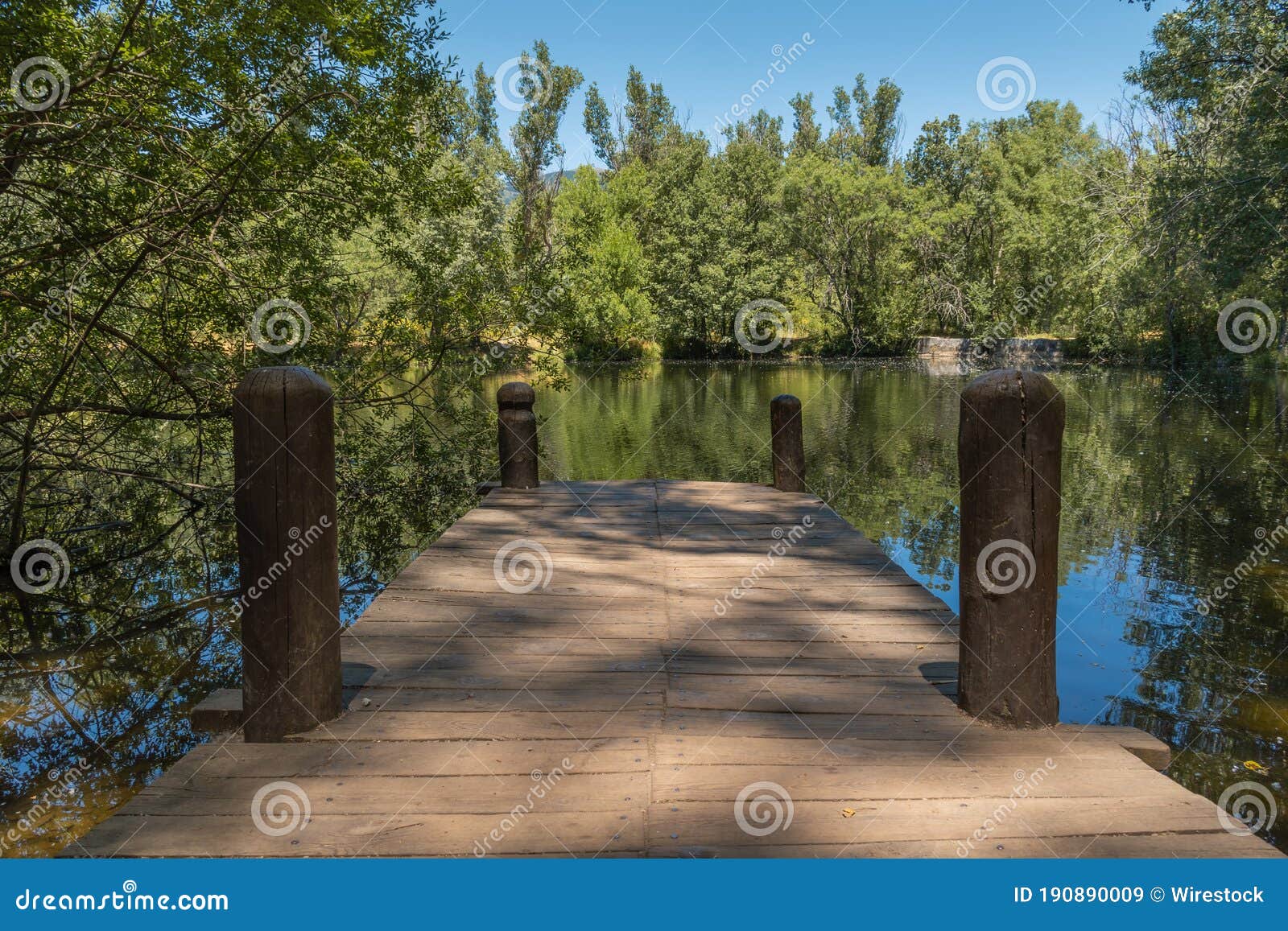 Small Wooden Dock At A Lake Surrounded By Trees On A Sunny Day Stock