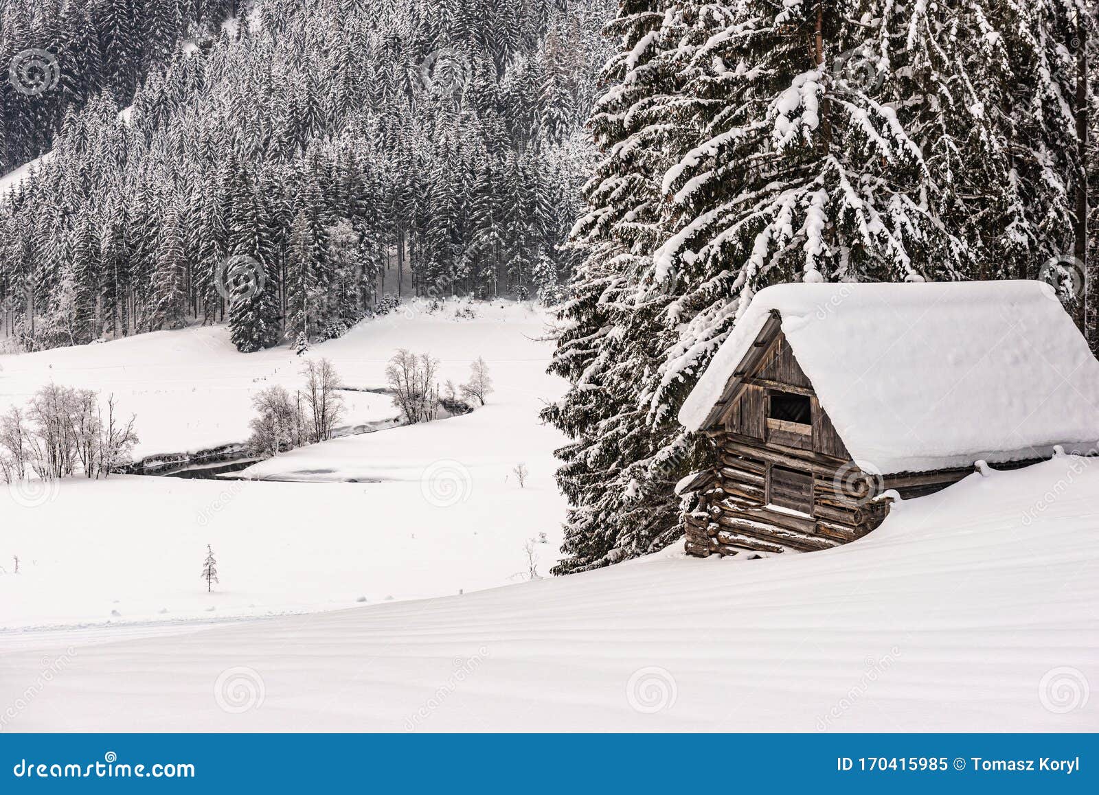 Small Wooden Mountain Snow Covered Shed, Against The ...