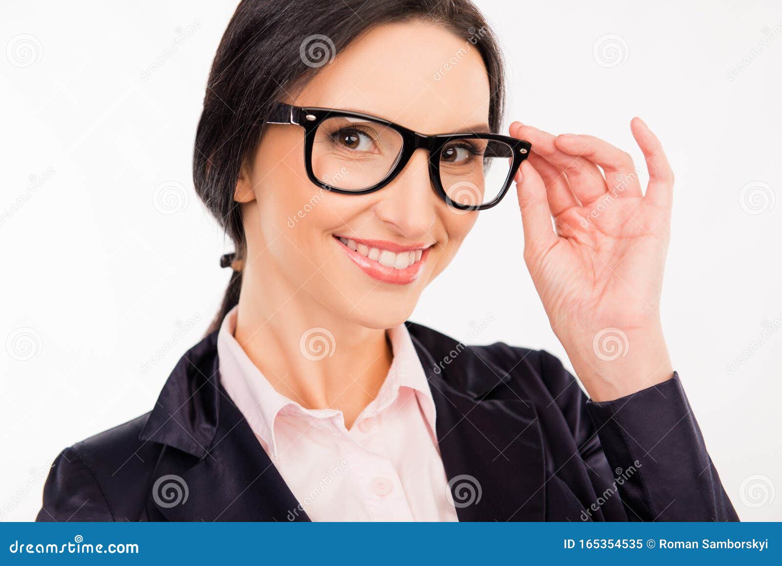 Smart Beautiful Woman In Glasses Smiling And Adjusting Her Glasses 