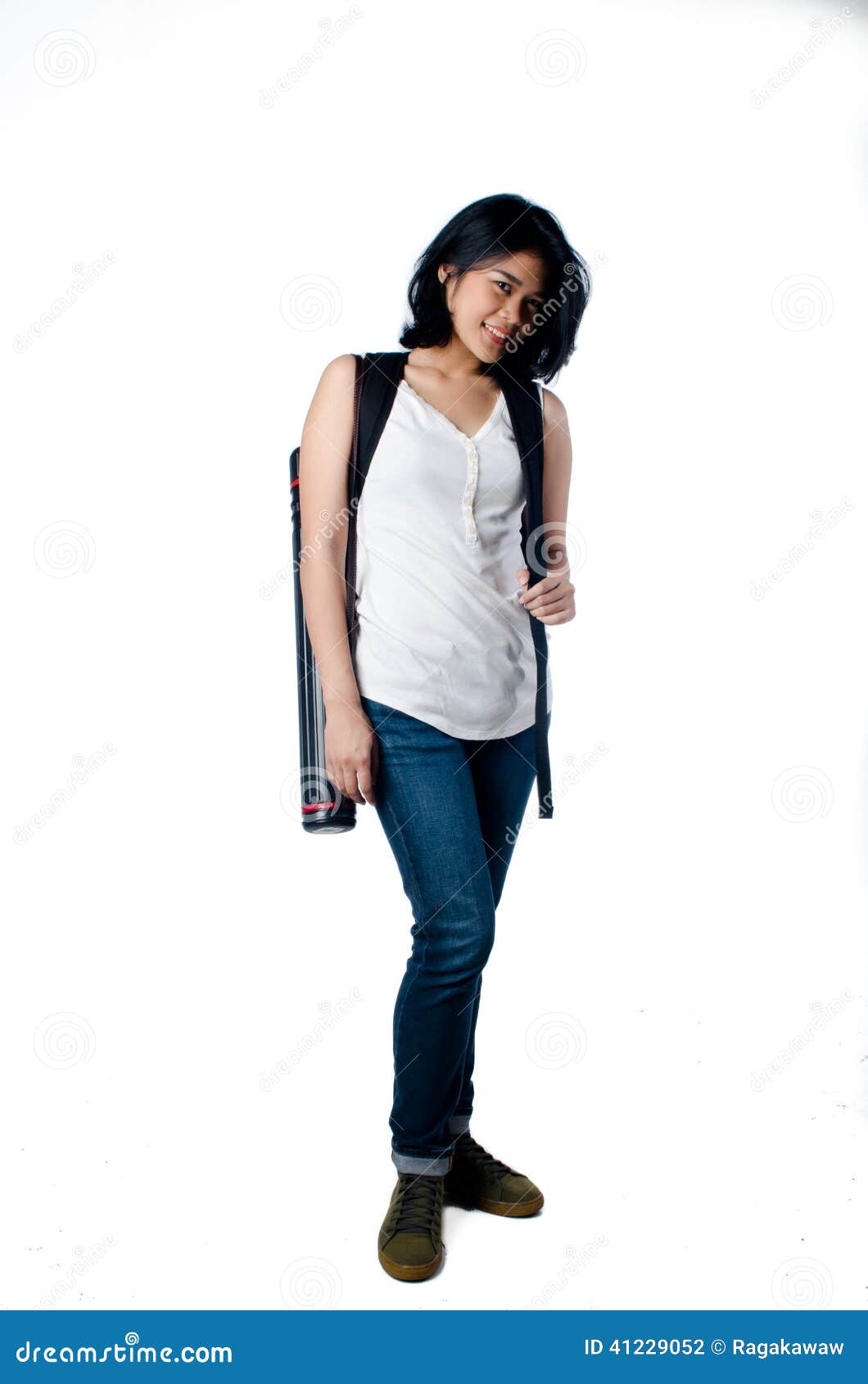 Smart and Beauty College Girl with Blueprint Tube Carrier Stock