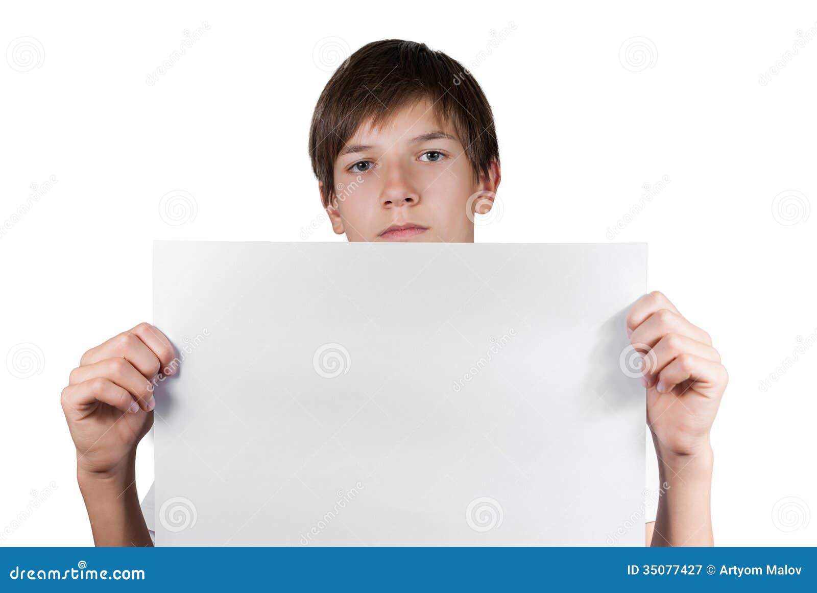 Smart boy with sheet of paper isolated on white. This image has attached release.