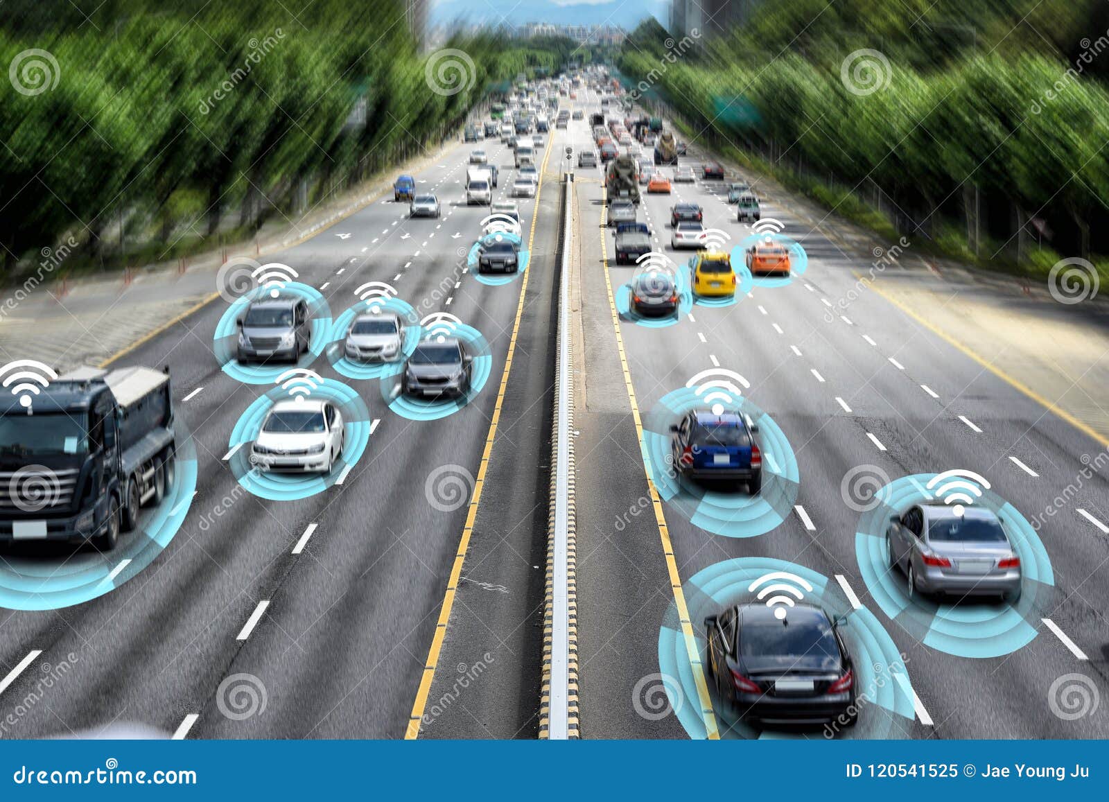 Autonomous Selfdriving Mode Vehicle On Highway Road Iot Concept With