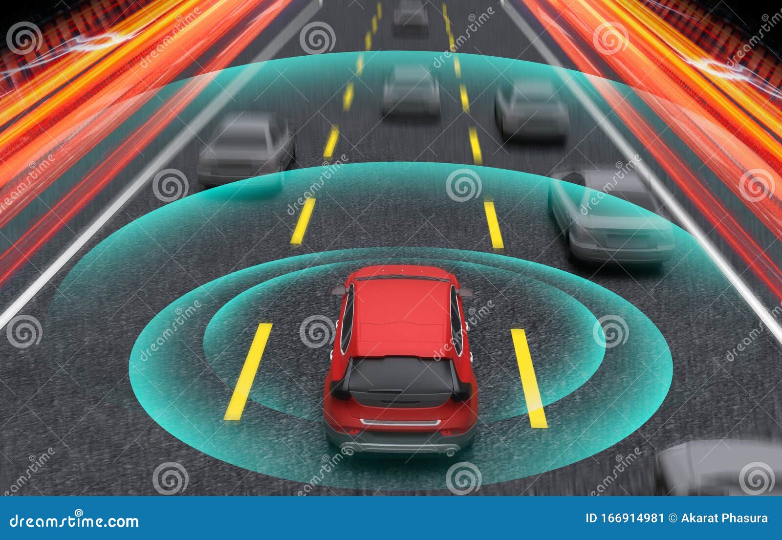 smart car, autopilot, self-driving mode vehicle with radar signal system, 3d rendering 