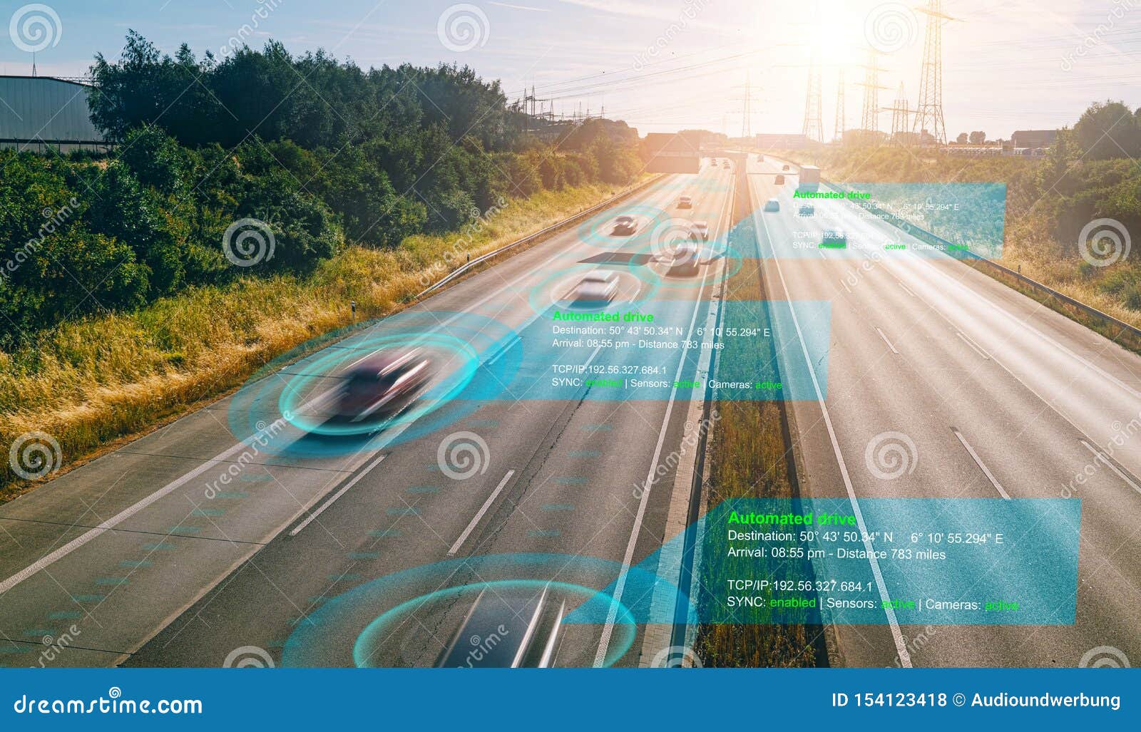 autonomous self-driving mode vehicle on highway road iot concept with graphic sensor radar signal system
