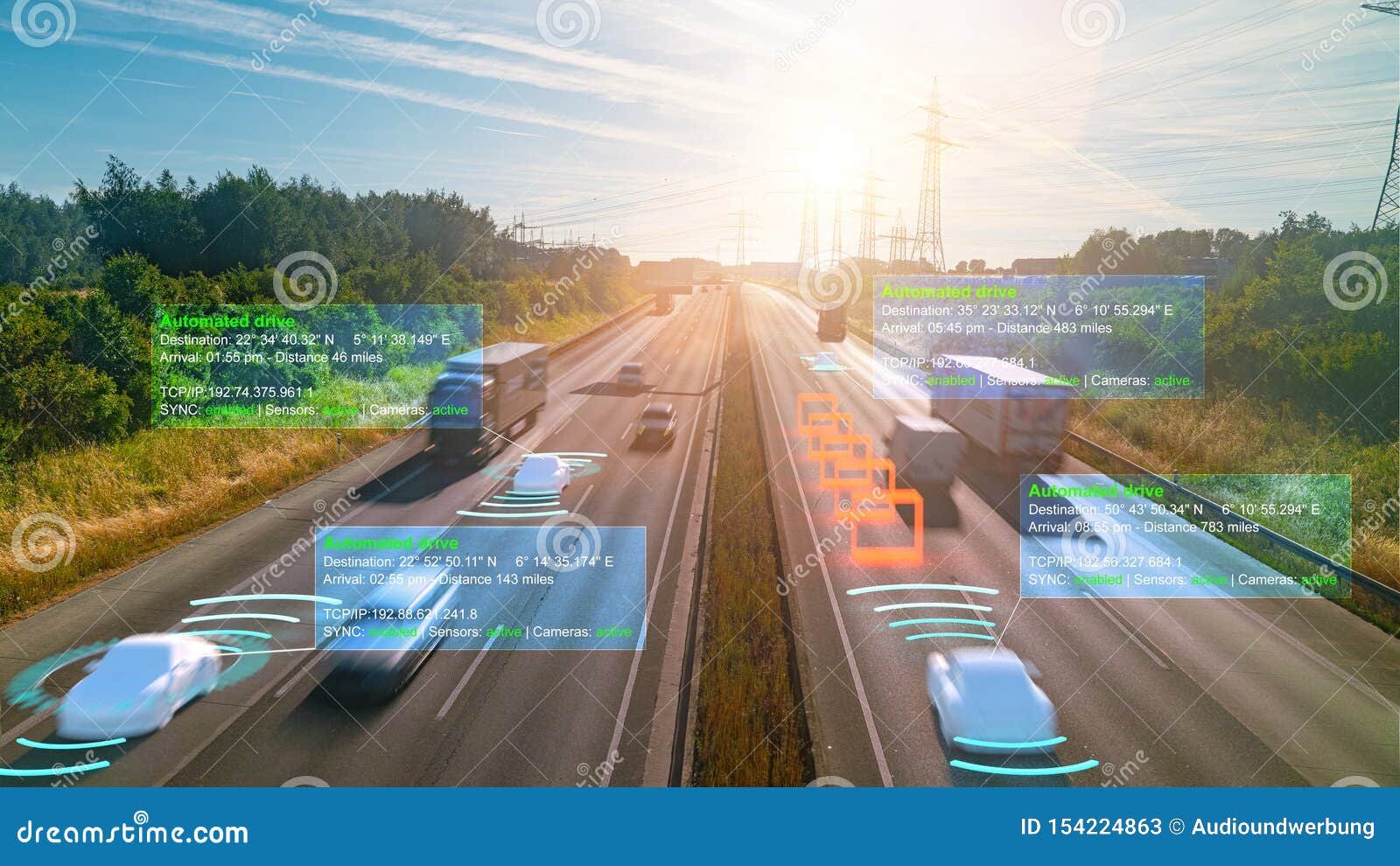 autonomous self-driving mode vehicle on highway road iot concept with graphic sensor radar signal system