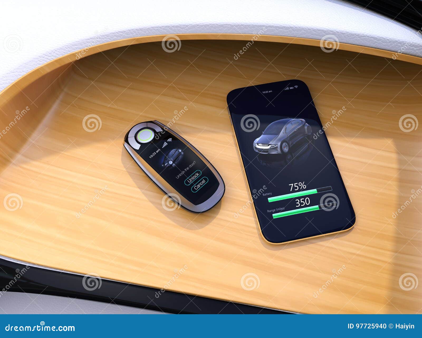 Smart Car Key and Smart Phone on Electric Car`s Dashboard Stock