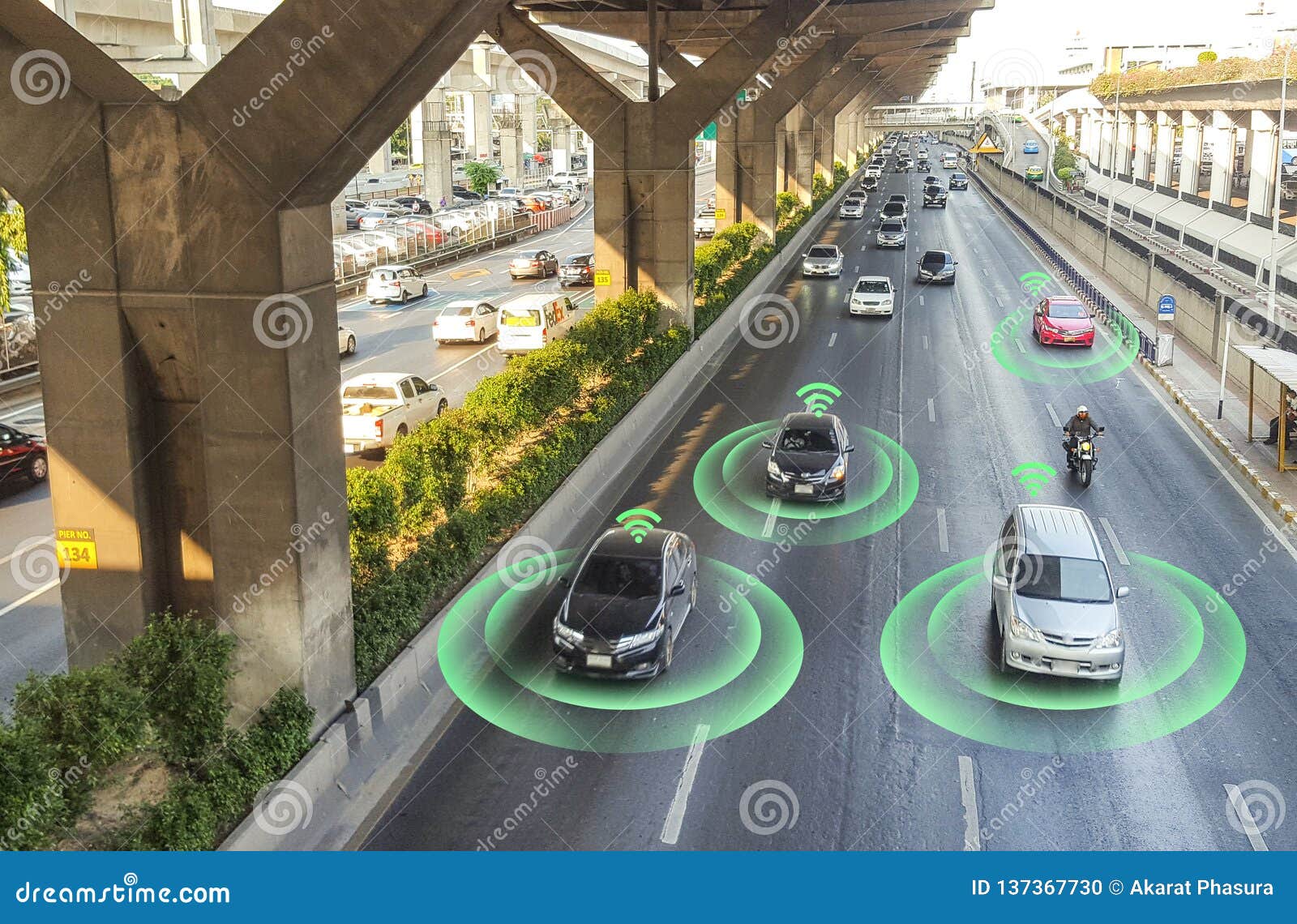 Smart Car, Selfdriving Mode Vehicle with Radar Signal System Editorial