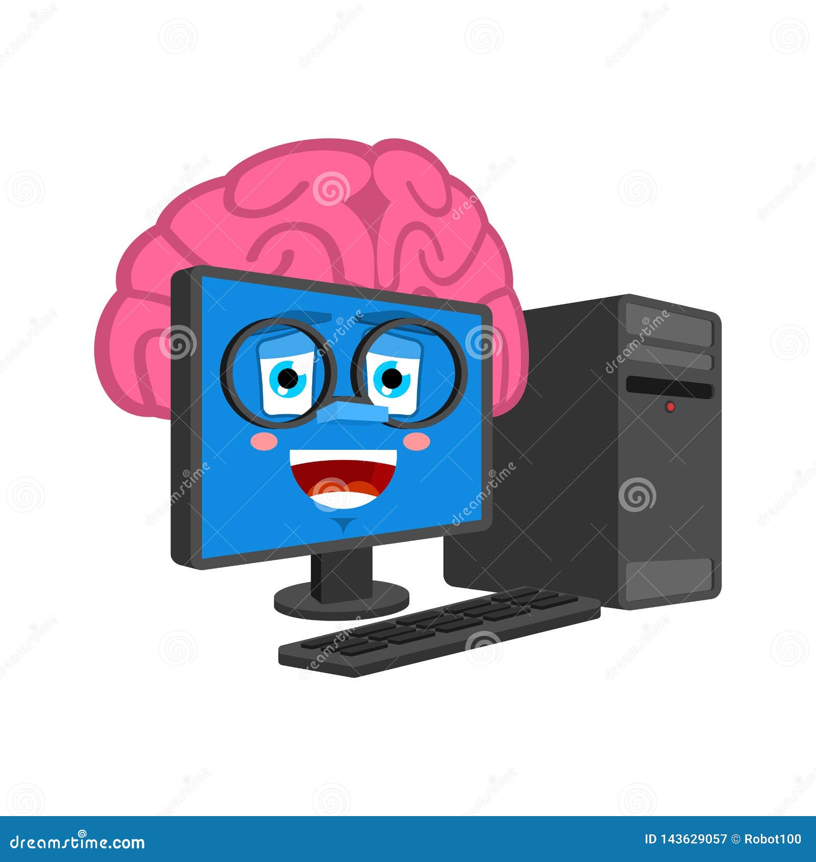 smart computer with brains . brain in pc cartoon style. data processor brainy 