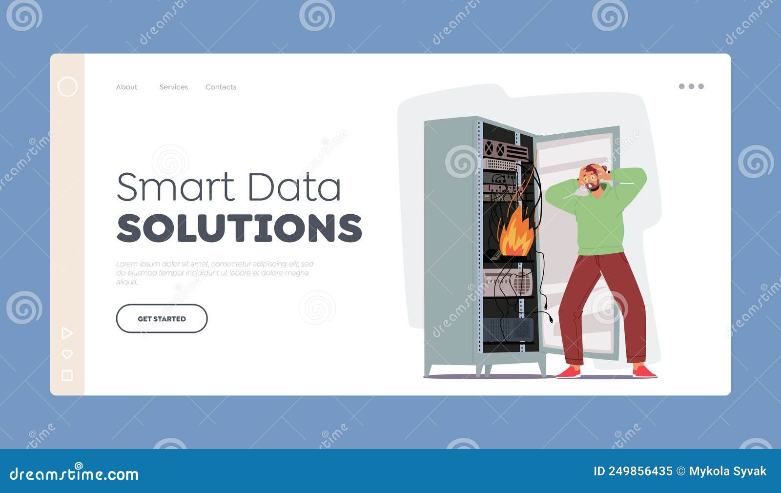 smart data solutions landing page template. system administrator or sysadmin servicing server racks with burning fire