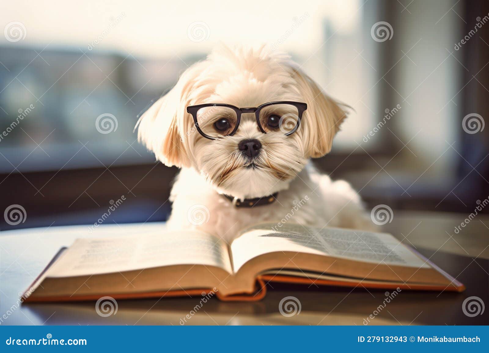 Smart Dog with Reading Glasses and Book. Generative AI Stock