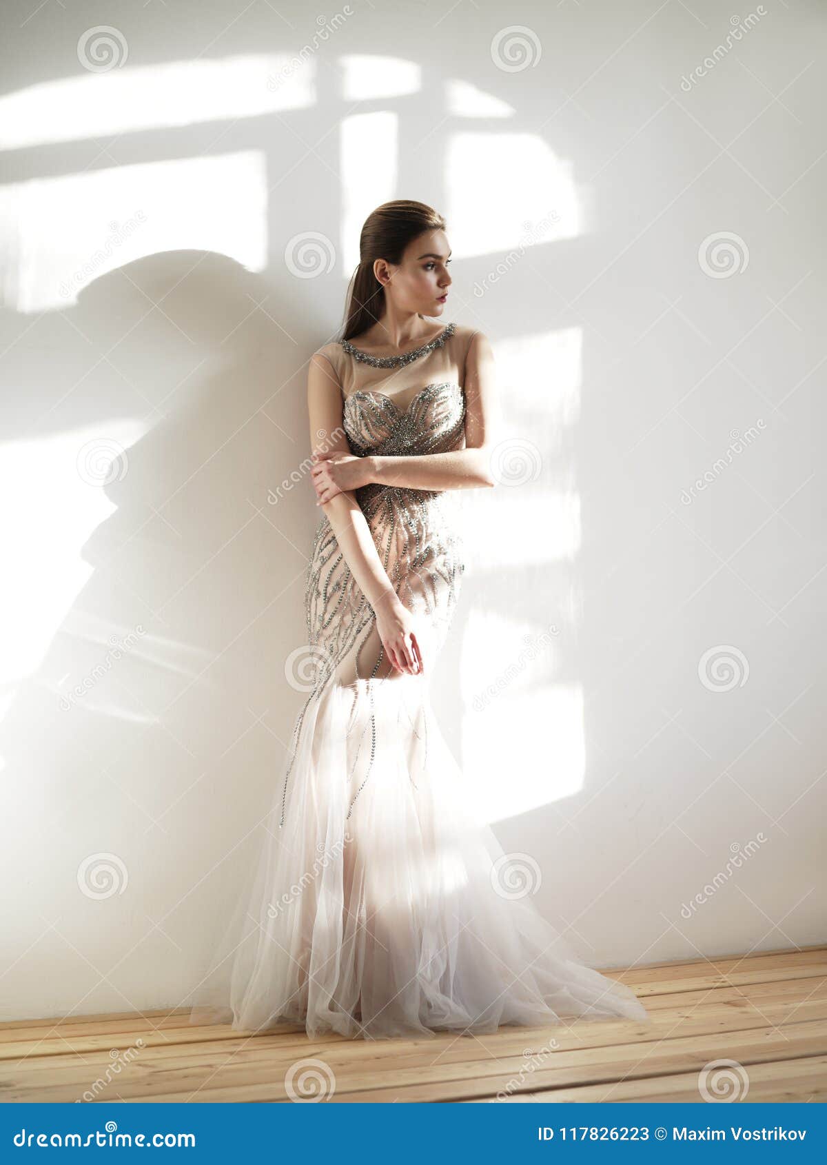Elegant Beige Evening Dress Embroidered ...