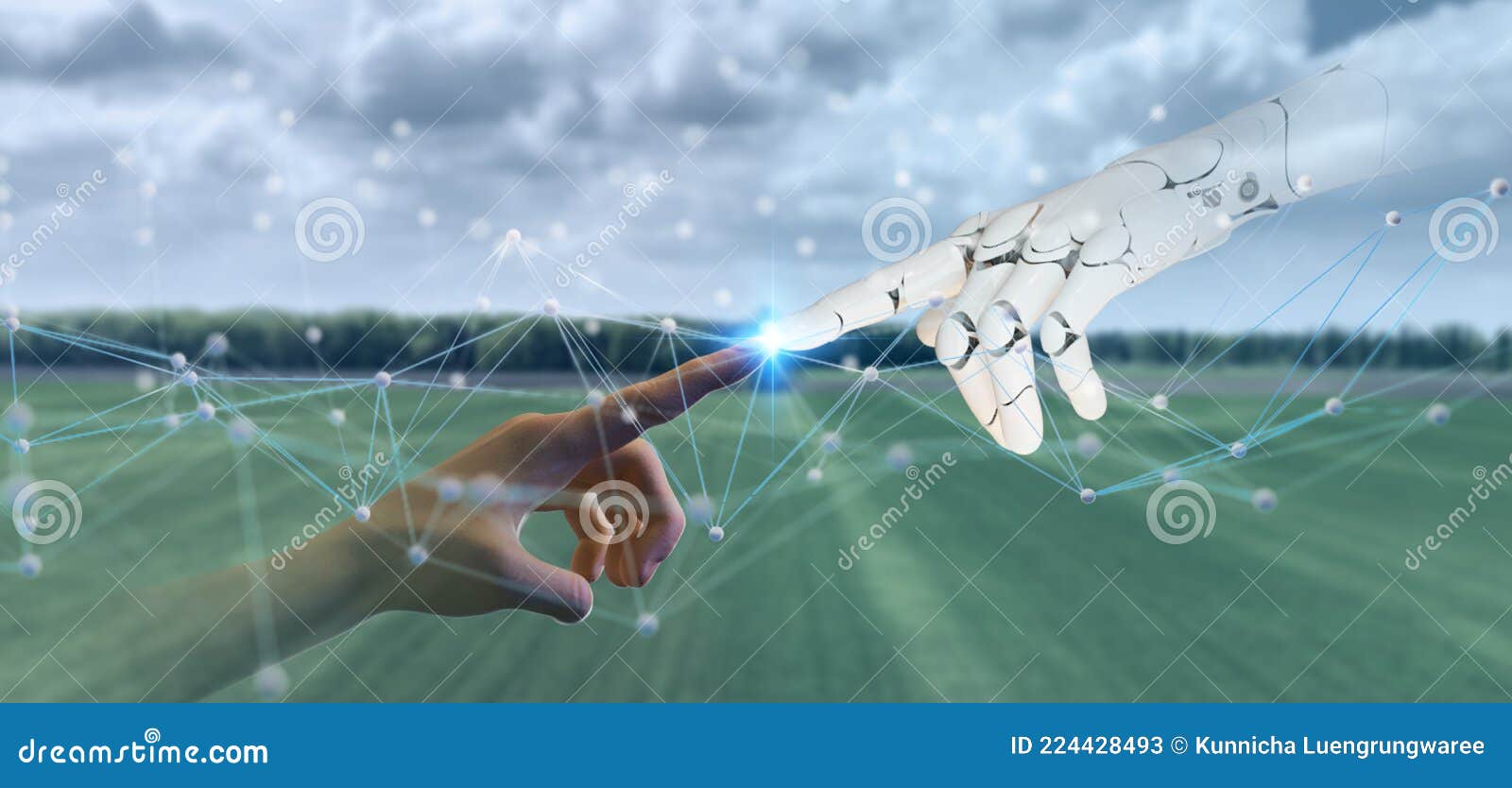 smart farming with futuristic agriculture technology concept, hand man point to robot hand together with mesh of commnuinty networ