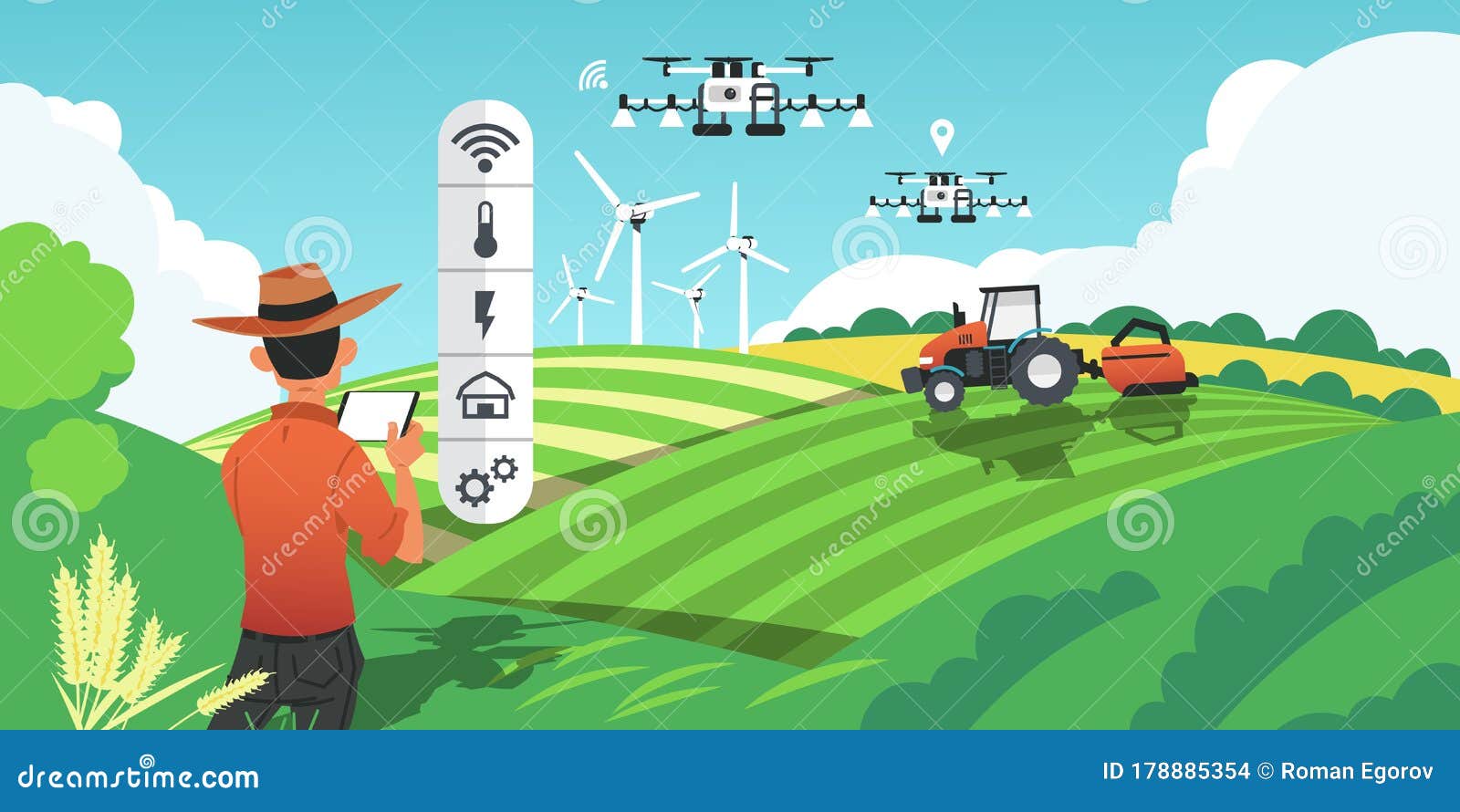 smart farming. growing crops and harvesting plants with futuristic technologies, drones on field and gps vehicles