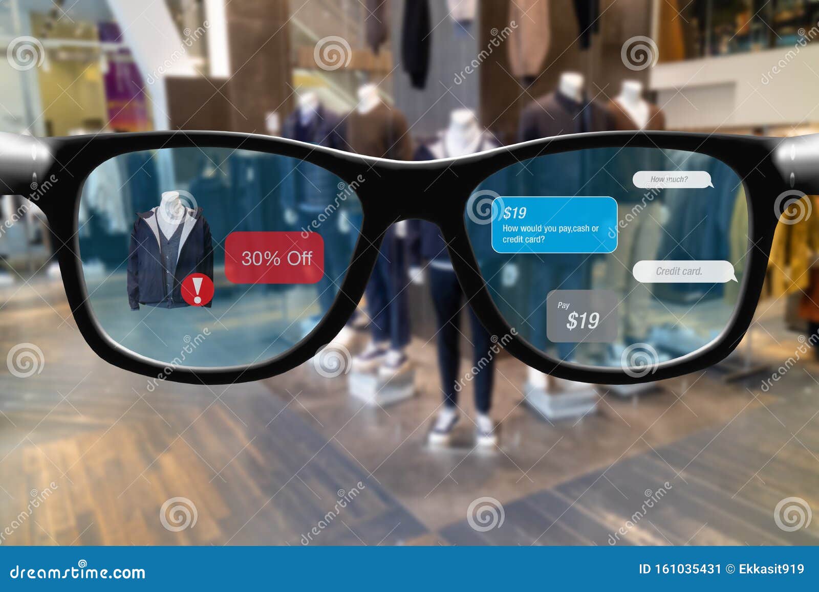 smart glasses with augmented mixed virtual reality in retail concept , customer use artificial intelligence, geofencing and chatbo
