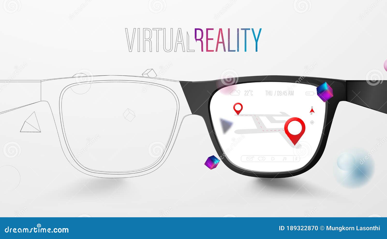 smart glasses with map and red pinpoint on screen. vr virtual reality and ar augmented reality technology.  