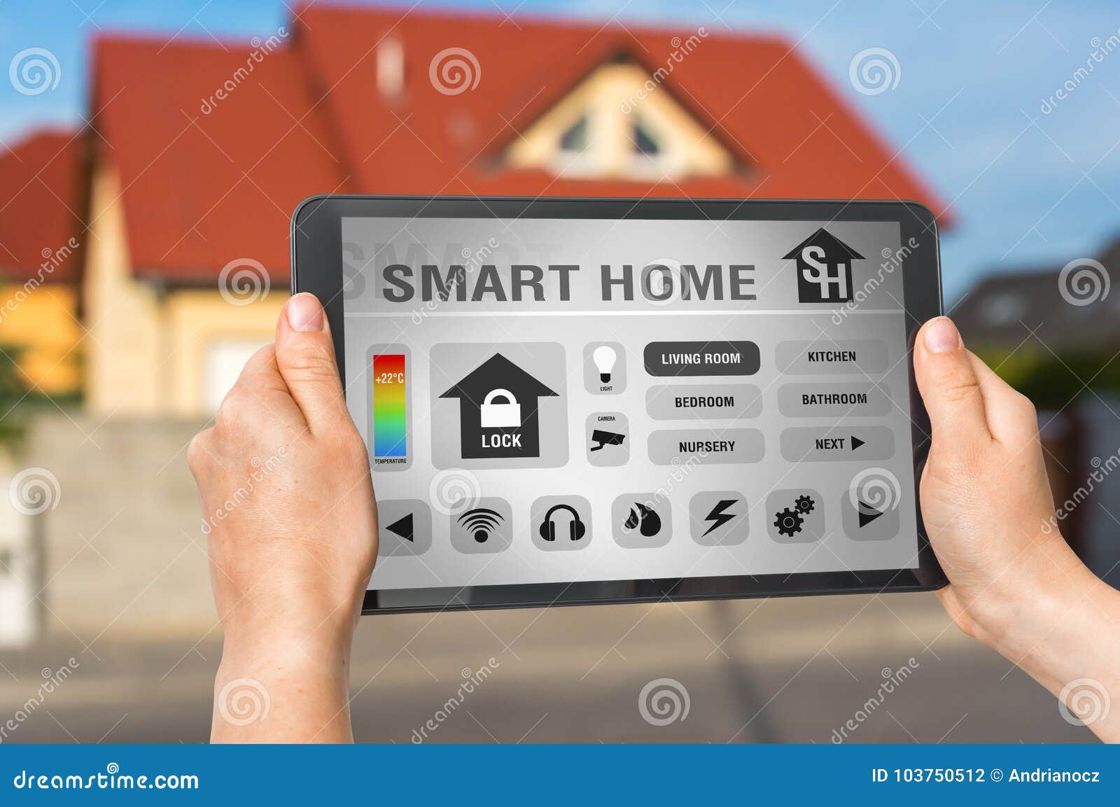 Smart Home Control App on Tablet - Smart Home Concept Stock Photo