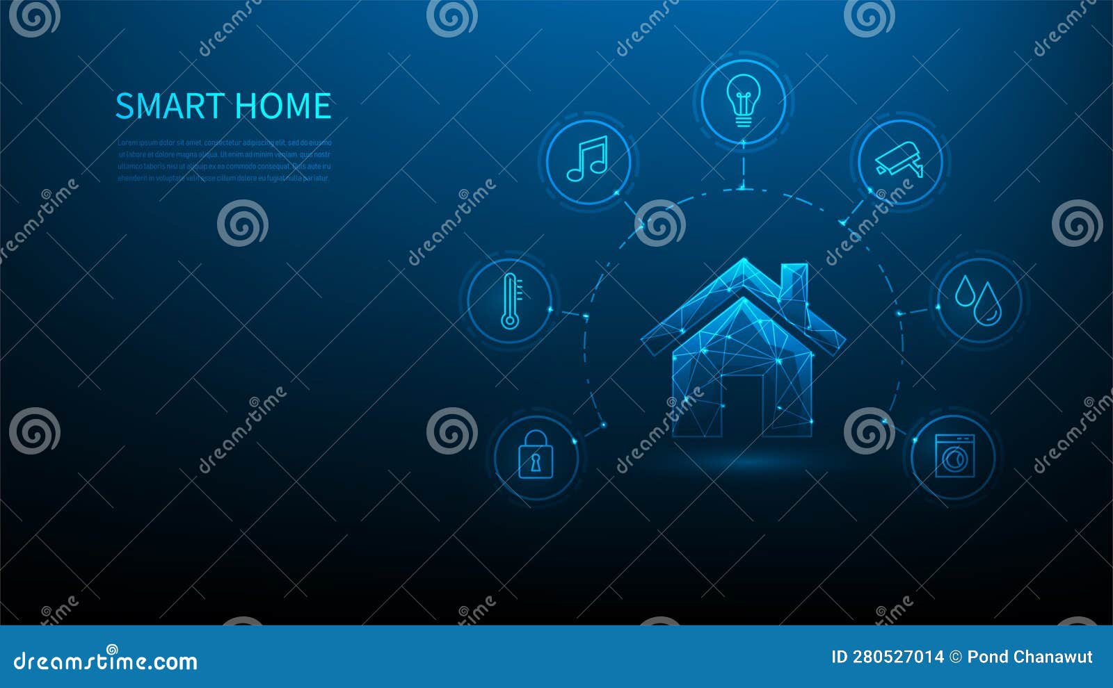 Smart Home Technology Digital with Device on Blue Background Stock