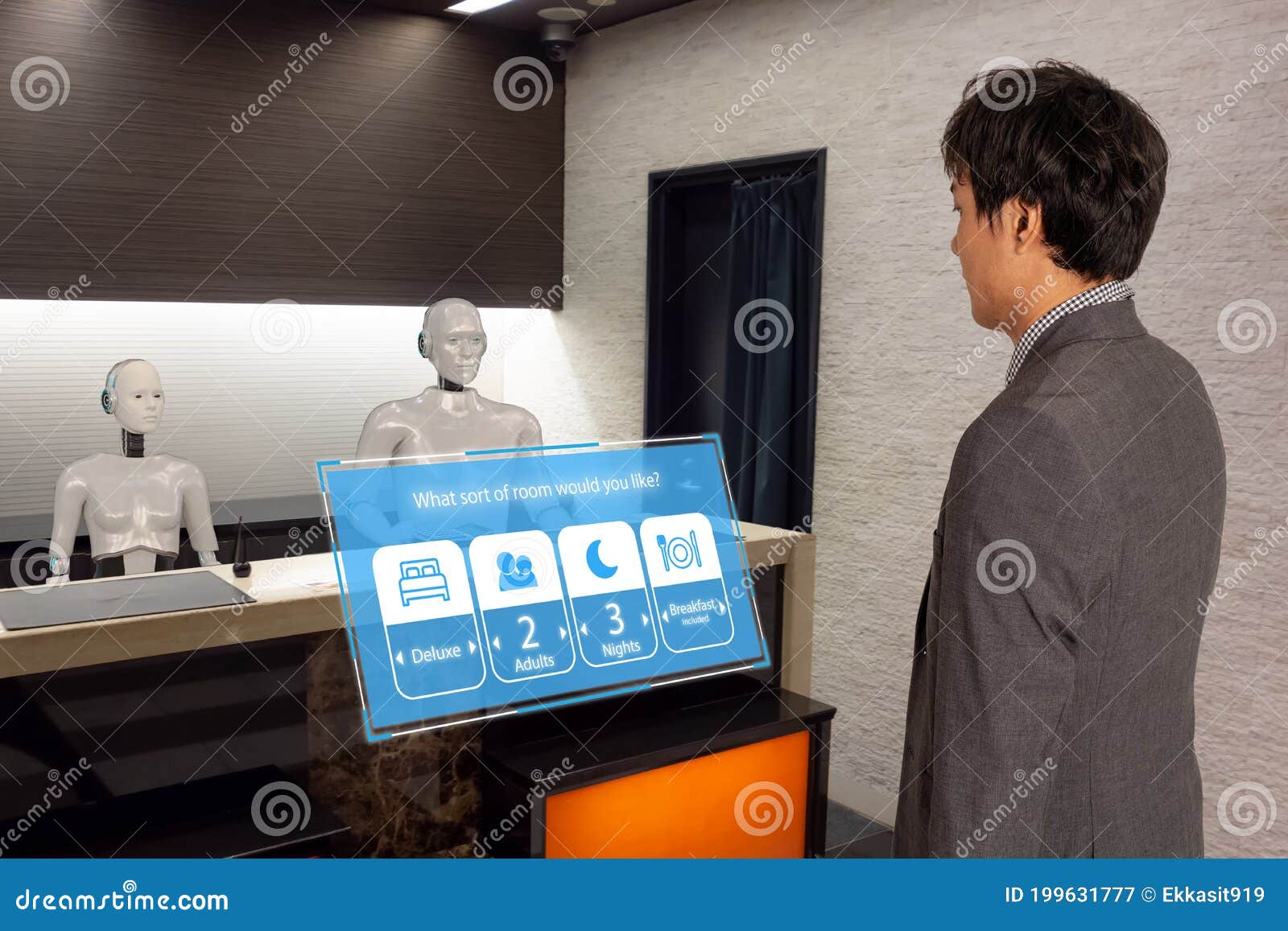 smart hotel in hospitality industry 4.0  concept, the receptionist robot robot assistant  in lobby of hotel or airports always w