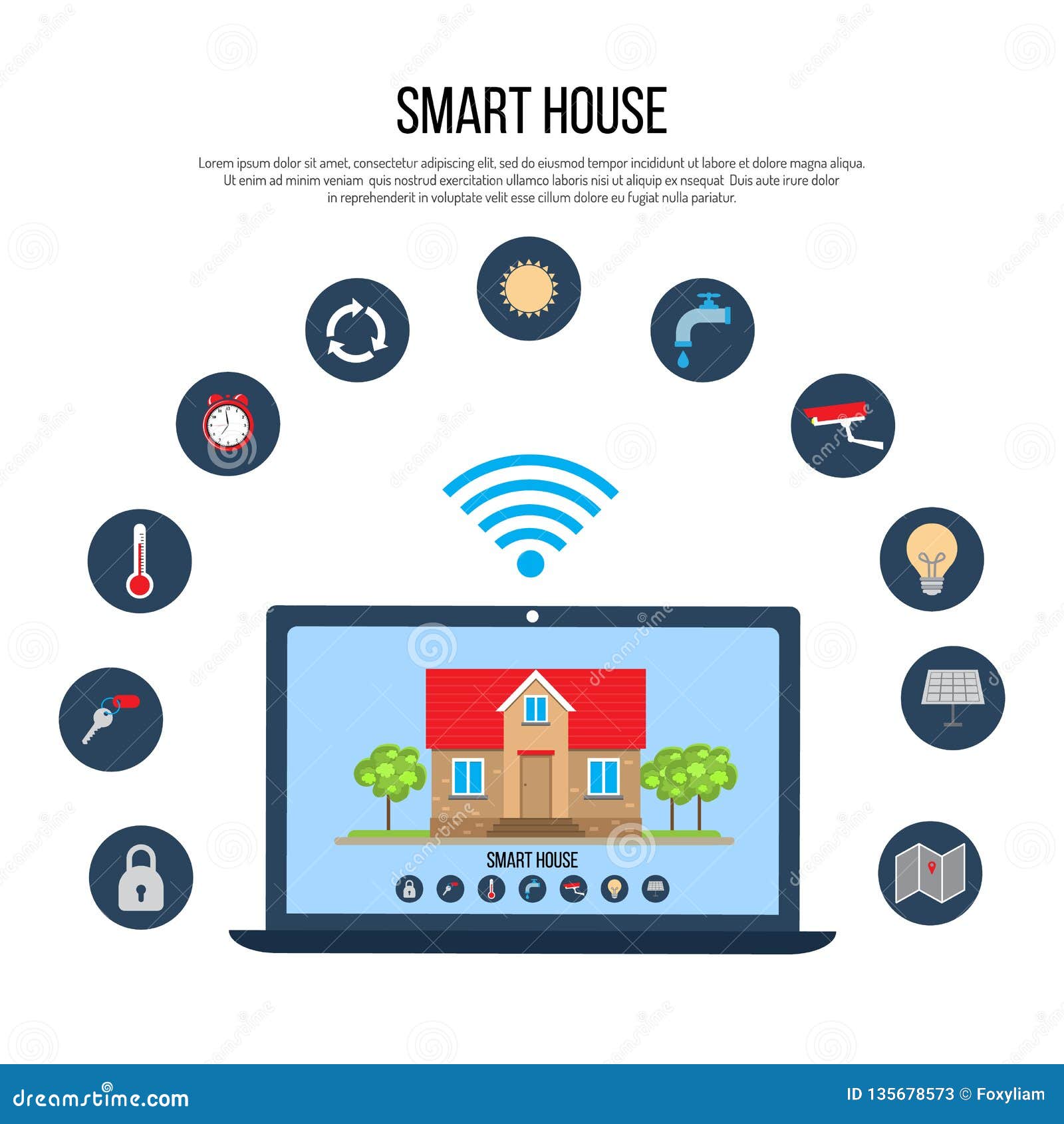 Smart House Concept with Laptop Control. Stock Vector - Illustration of