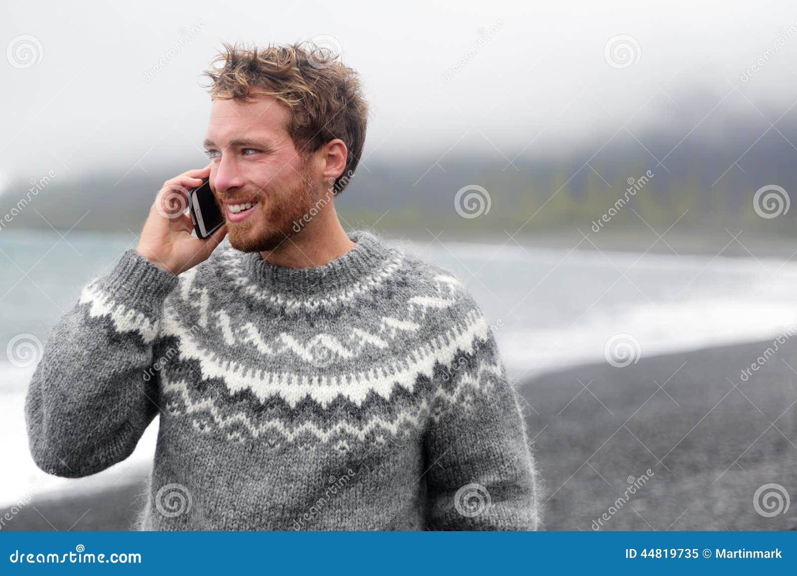 Smart Phone Man Talking on Phone on Beach, Iceland Stock Image - Image ...