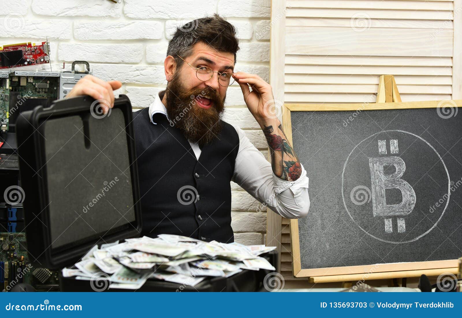 smart and rich. business man in server room. bearded man with cash money. bearded hipster with bitcoin  and