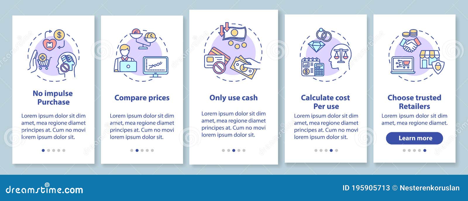 smart spender tips onboarding mobile app page screen with 