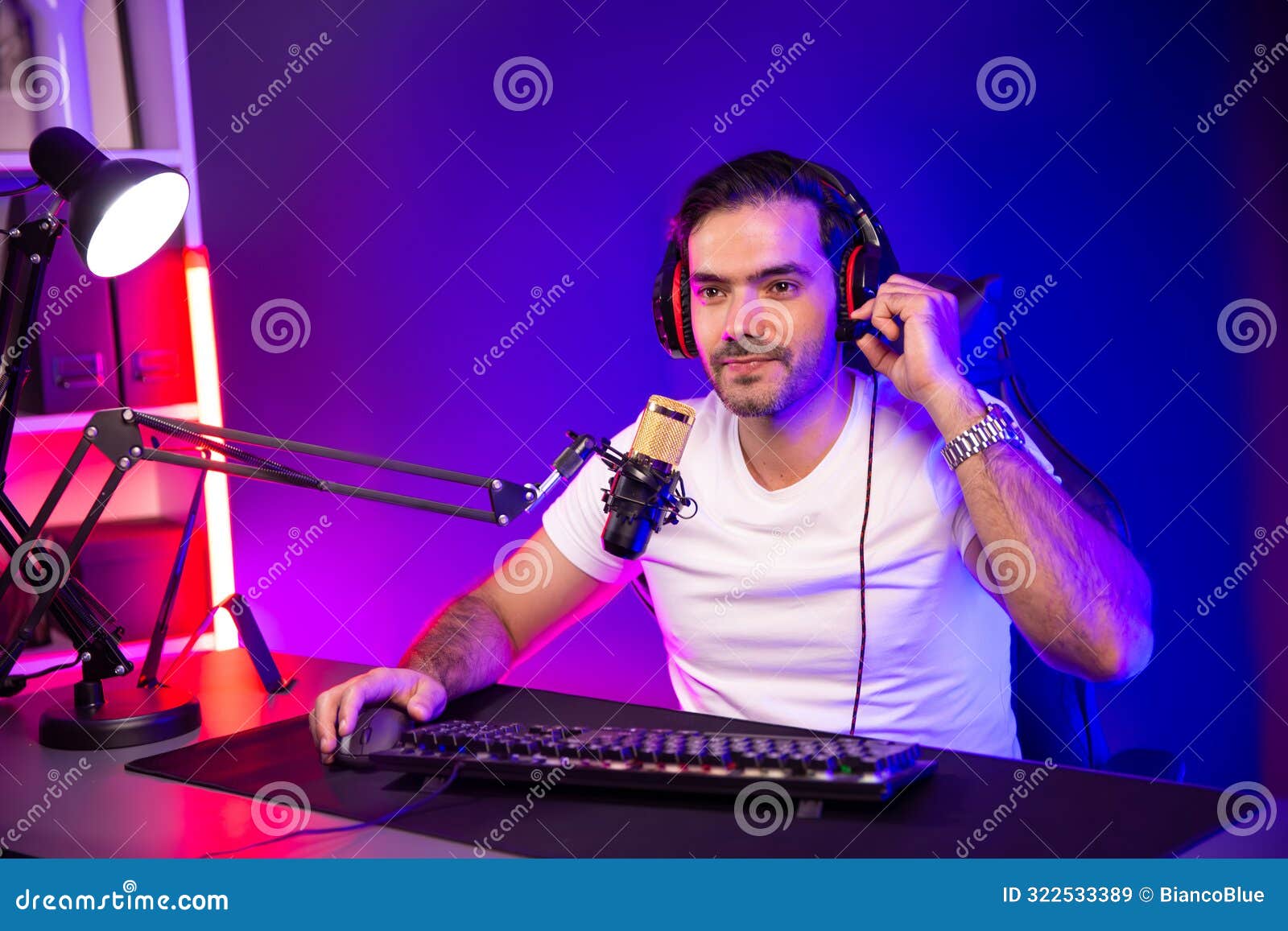 smart streamer talking with team member players using headset and mic. surmise.