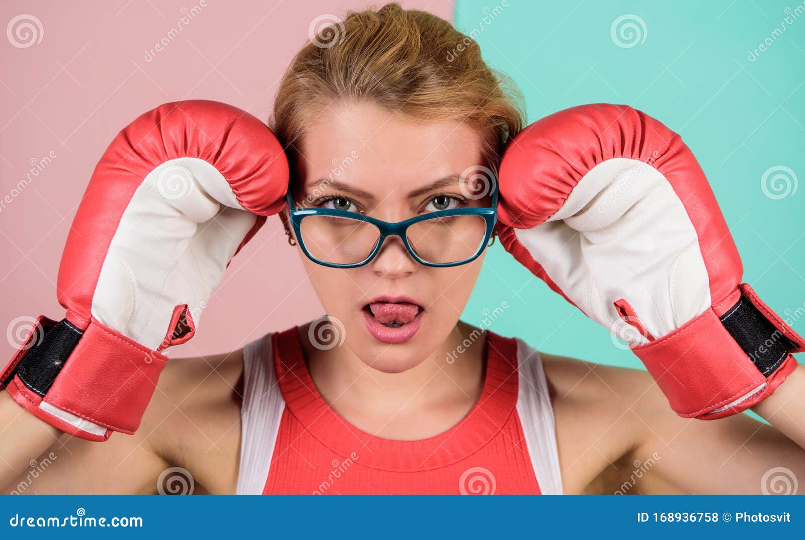 Smart Strong And Sexy Super Woman Concept Successful Womanhood Woman Boxing Gloves Adjust