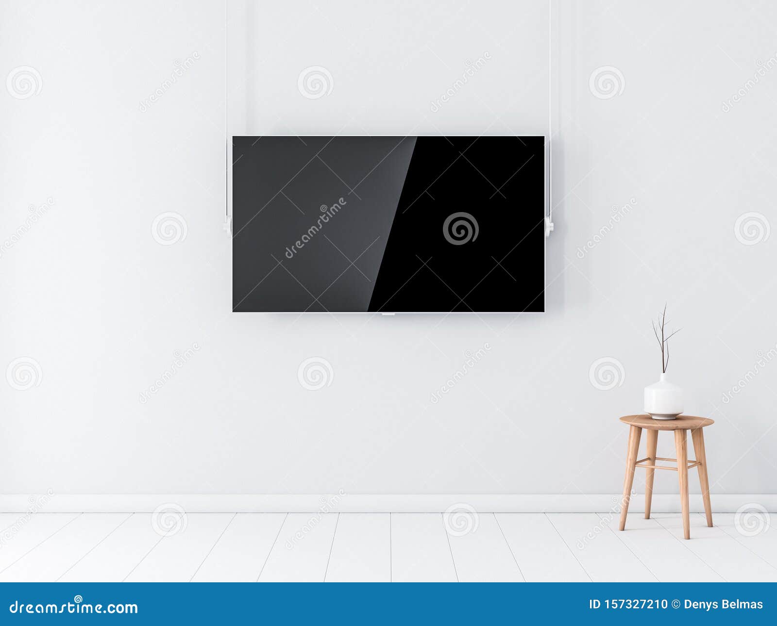 smart tv with blank screen mockup on white wall in empty interior