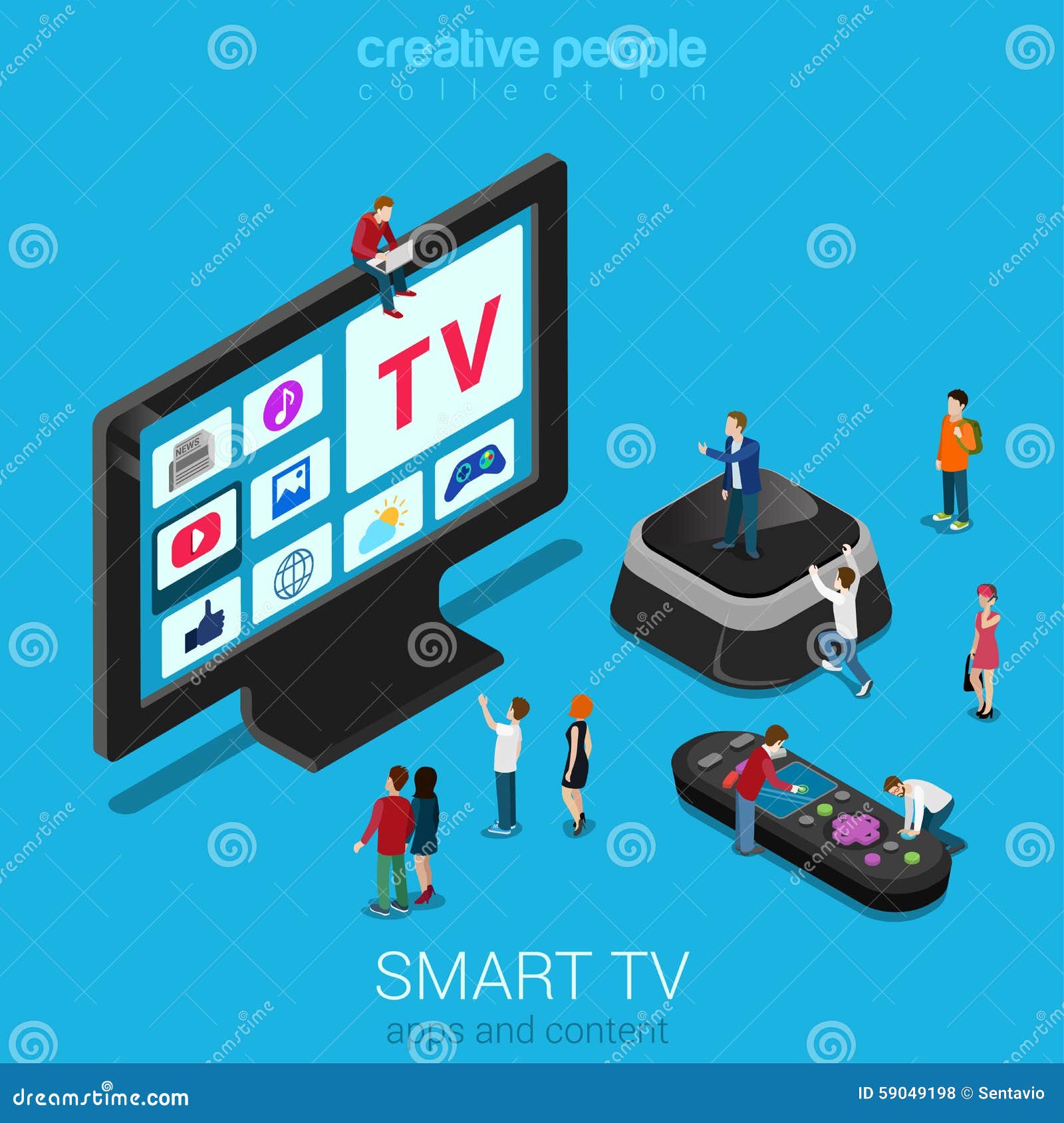 Smart TV, Boîtier Décodeur Et Contrôleur à Distance Avec Les Personnes  Micro Illustration de Vecteur - Illustration du personne, conception:  59049198