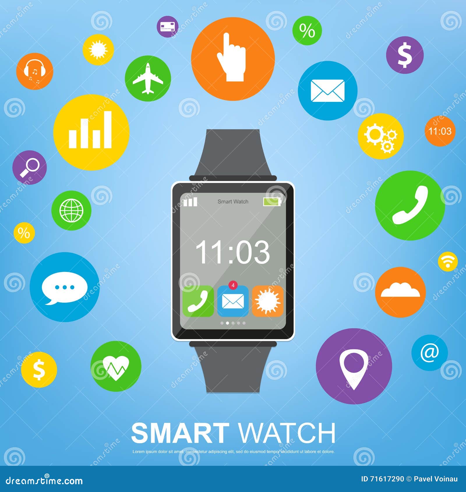 Smart Watch New Technology Electronic Device with Apps Icons Flat