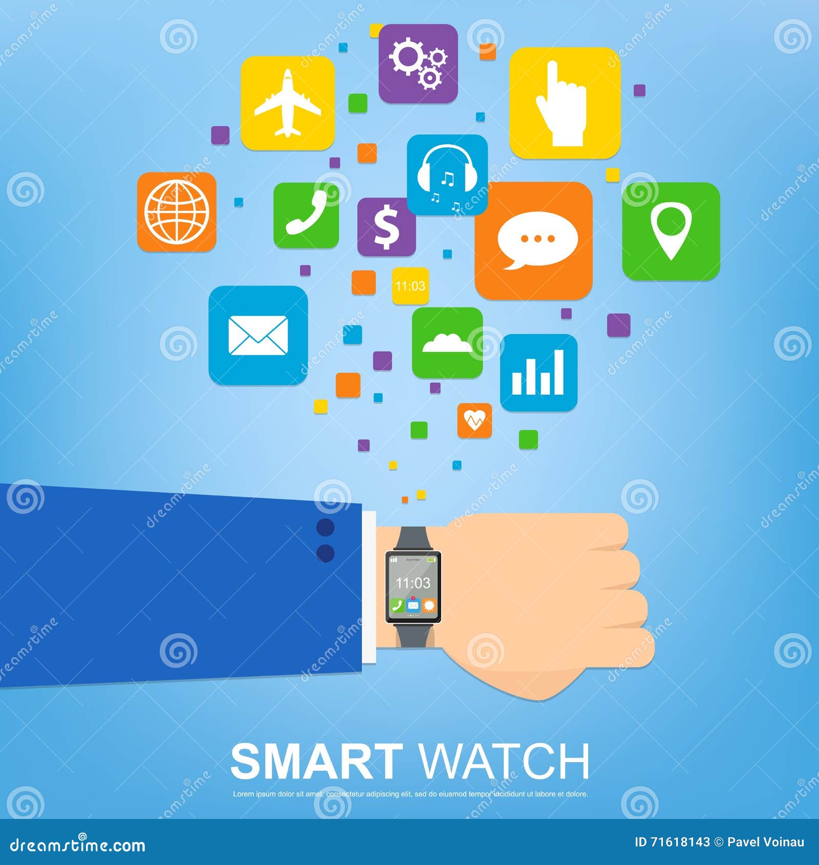 Smart Watch New Technology Electronic Device with Apps Icons Flat