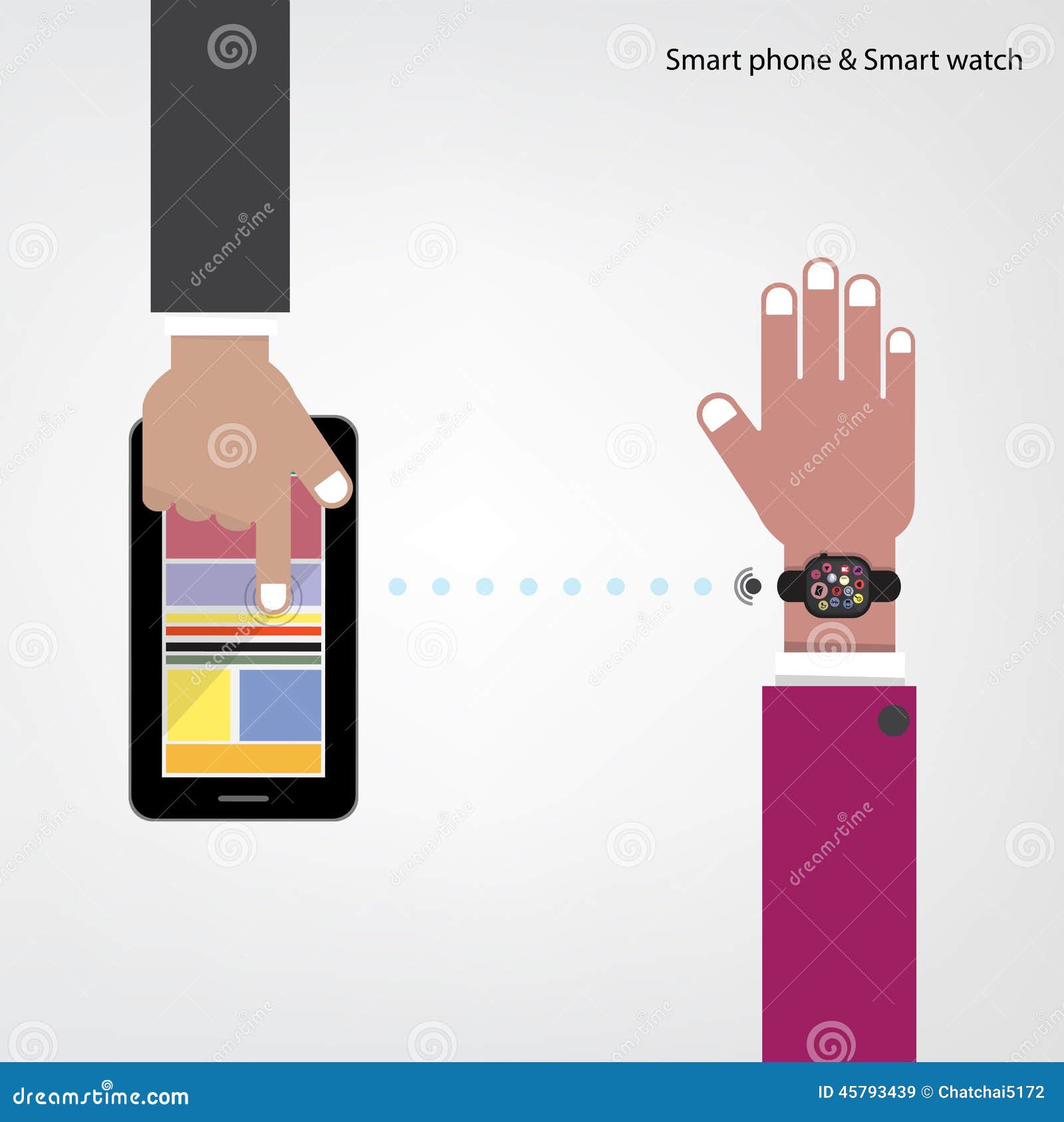 smart watch and smart phoneon background with internets connection sign.