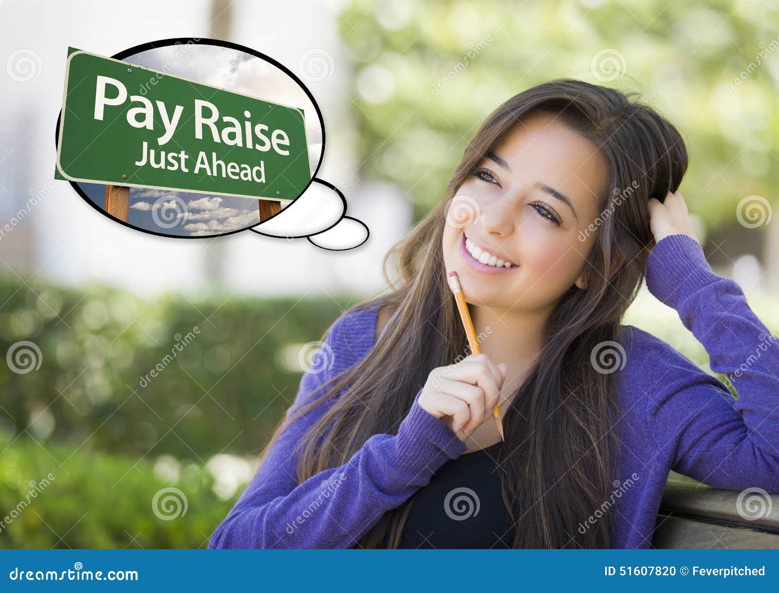 smart woman with thought bubble of pay raise green sign
