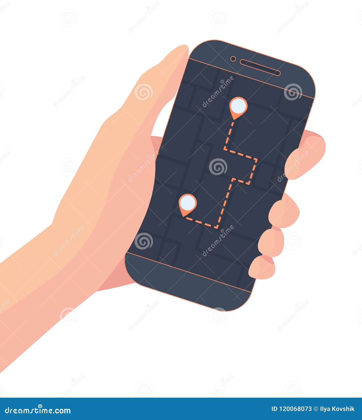 Smartphone в руке с картой онлайн навигации и трассе с меткой Geolocation  Положение App Иллюстрация вектора - иллюстрации насчитывающей положение,  место: 120068073