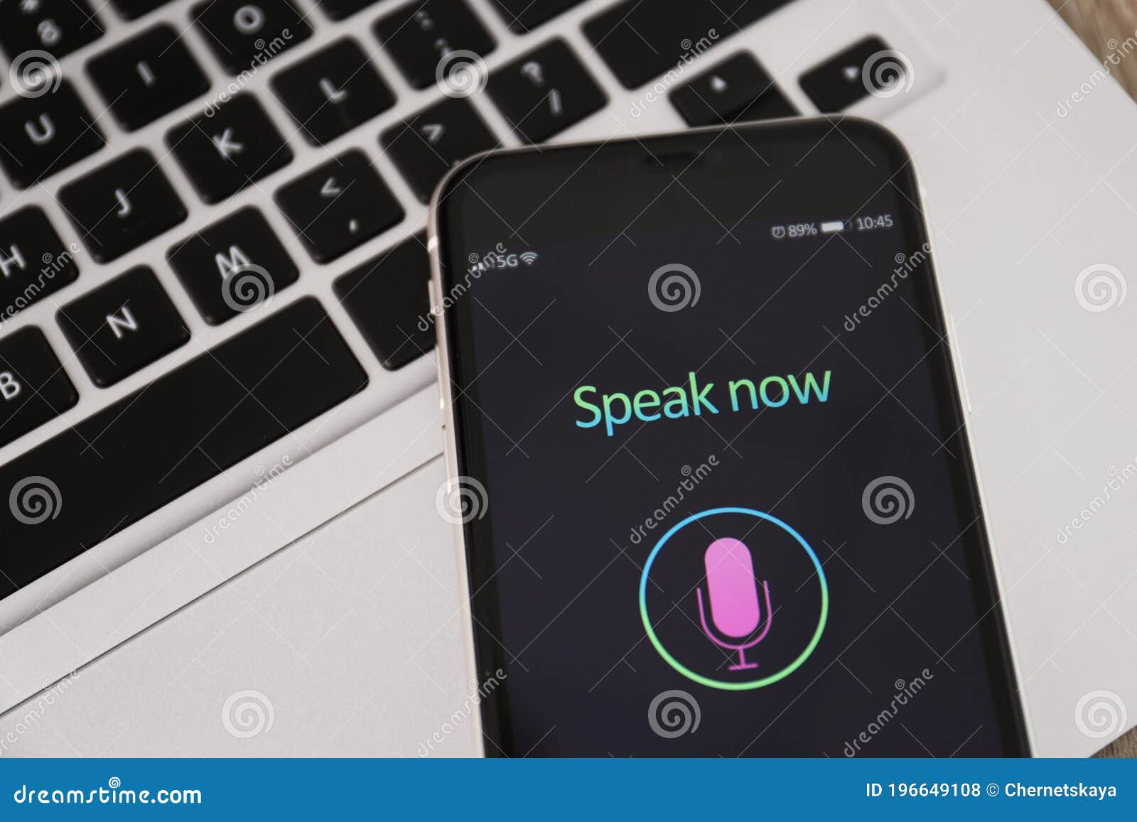 Smartphone With Activated Voice Search App On Laptop Closeup Stock Photo Image Of Device Search 196649108