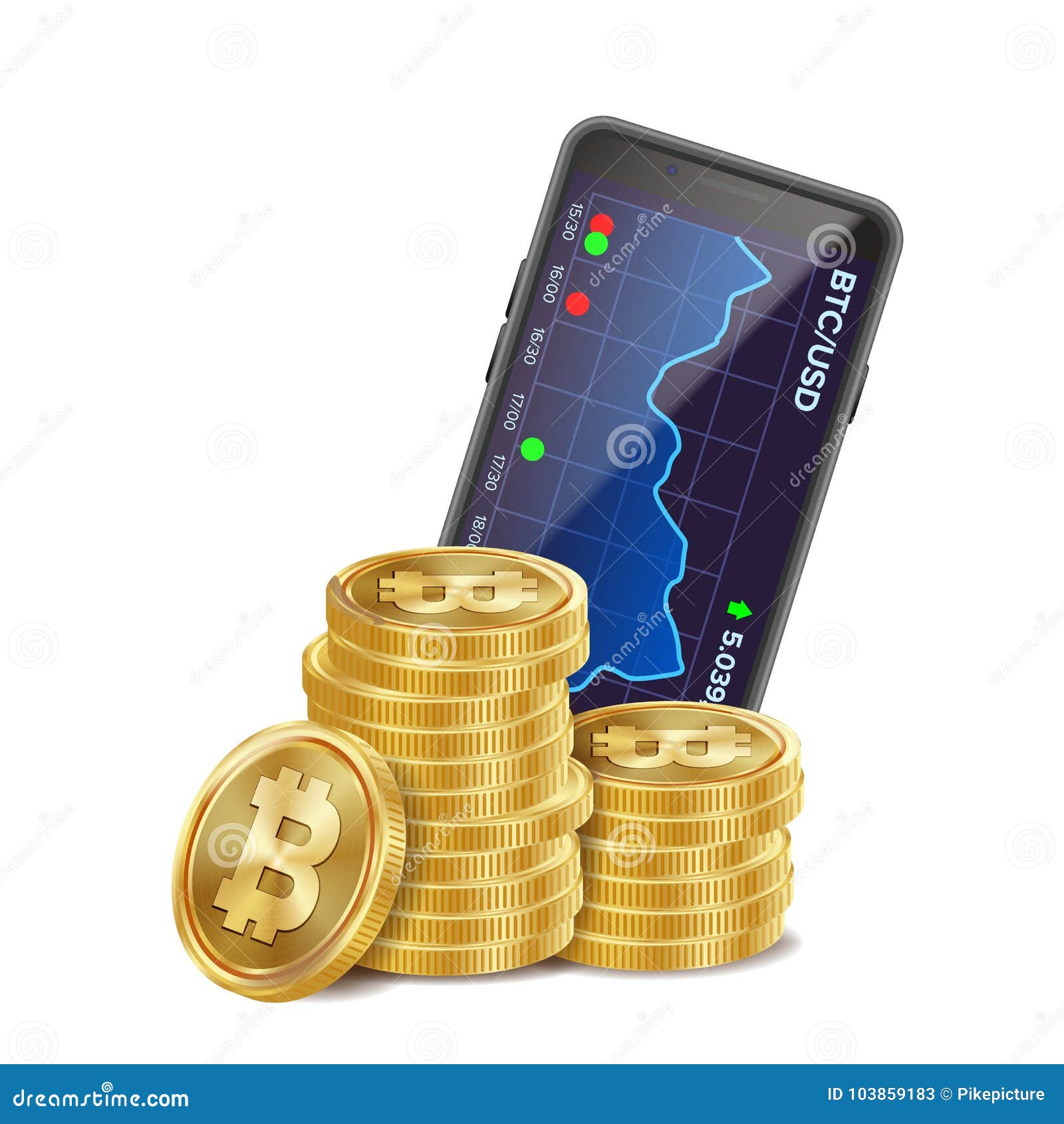 Bitcoin Trading Chart Vector. 3D Coins. Currency ...