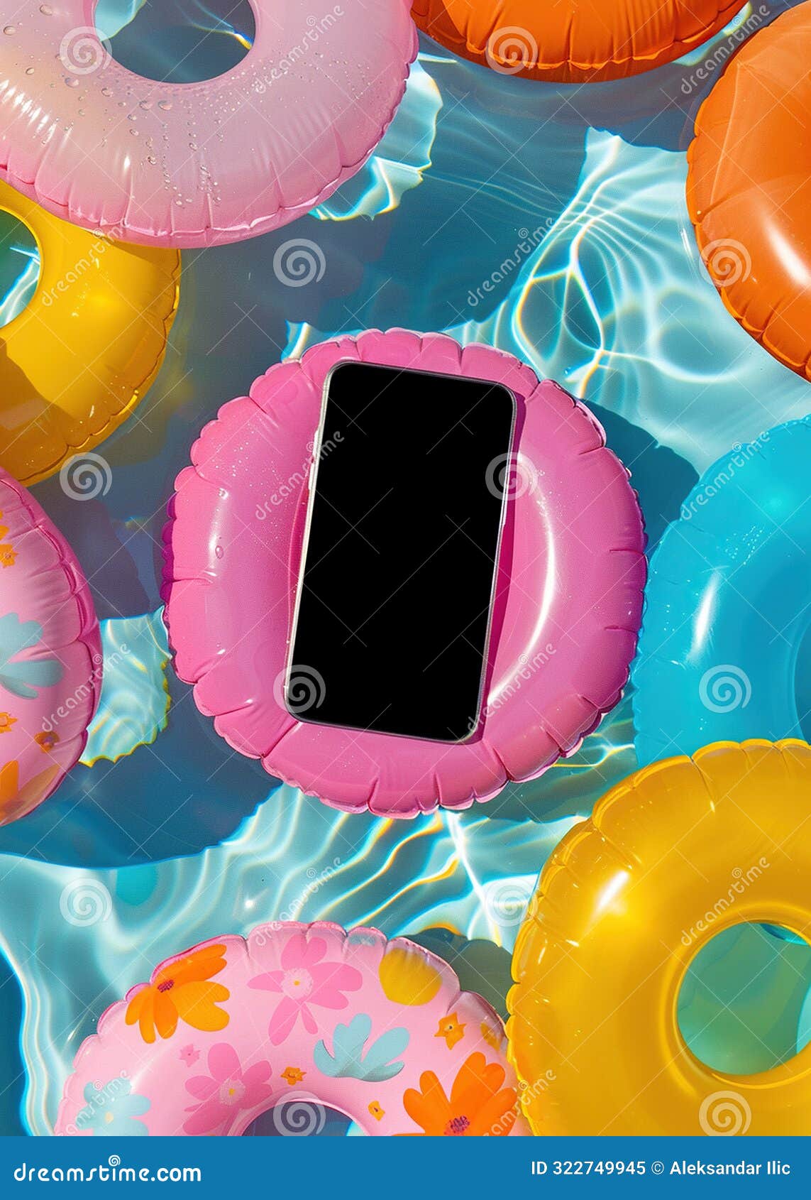 smartphone with blank screen on inflatable ring in the swimming pool .summer vacation concept. ai generative