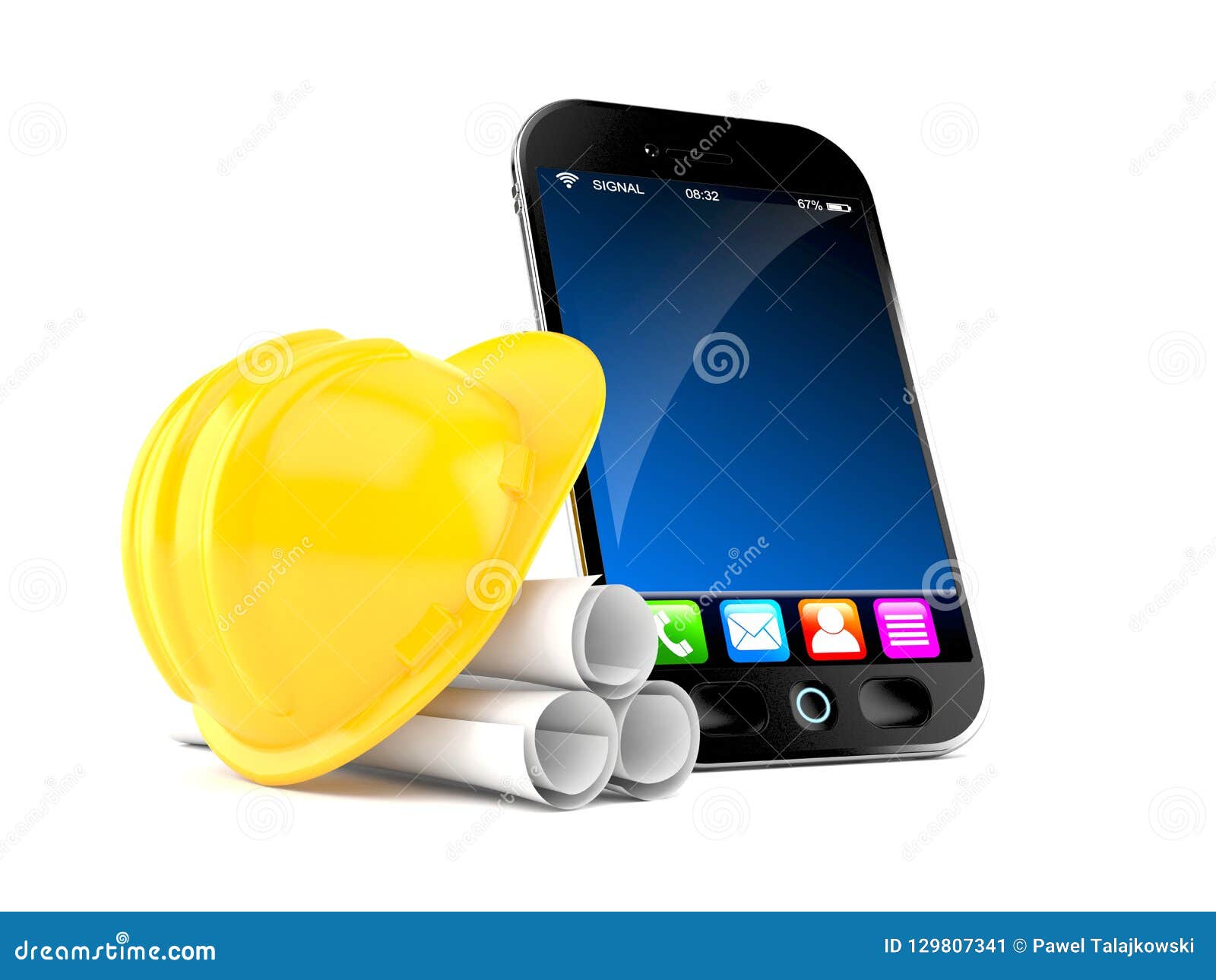 Smartphone with blueprints stock illustration. Illustration of project ...