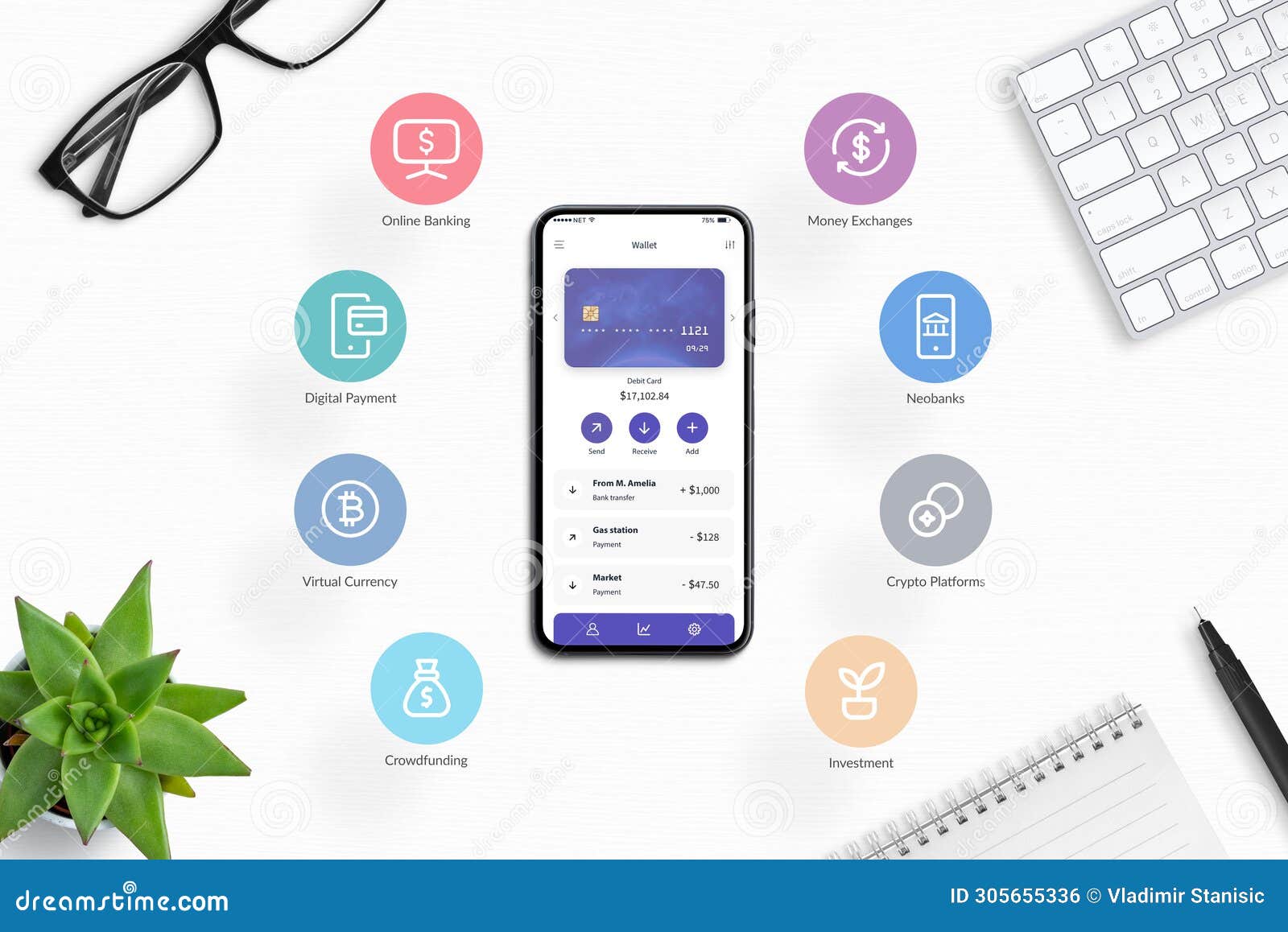 smartphone on a desk displays a fintech app concept with flying icons around it