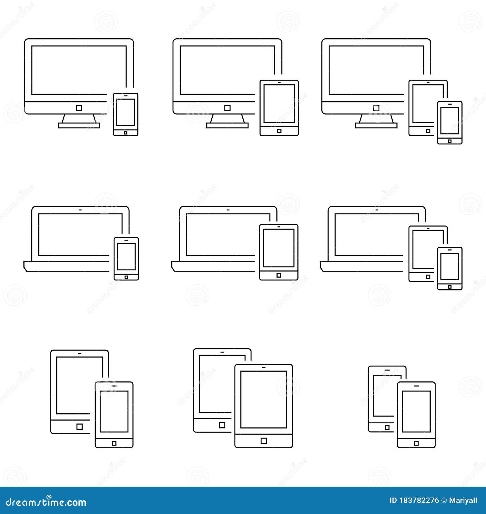 smartphone,desktop computer,laptop and tablet pc in thin line style