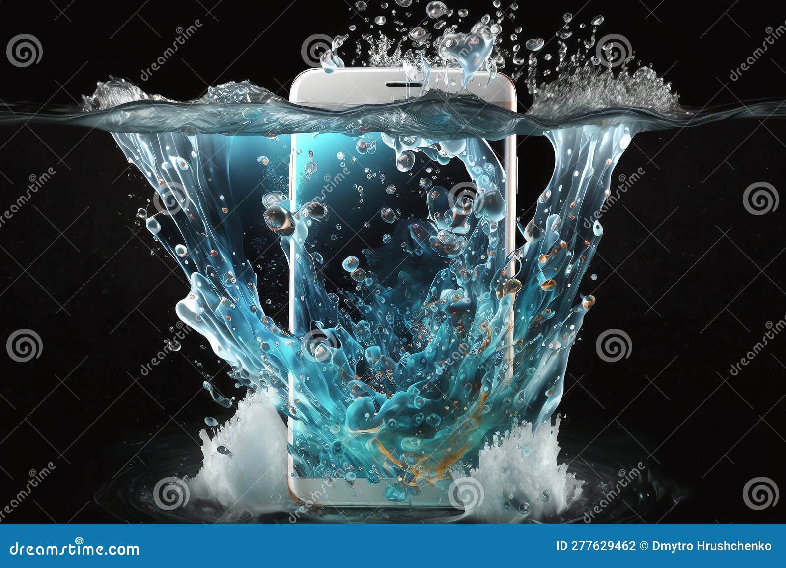 Smartphone that Falls in the Water with Splashes Around it. Mobile