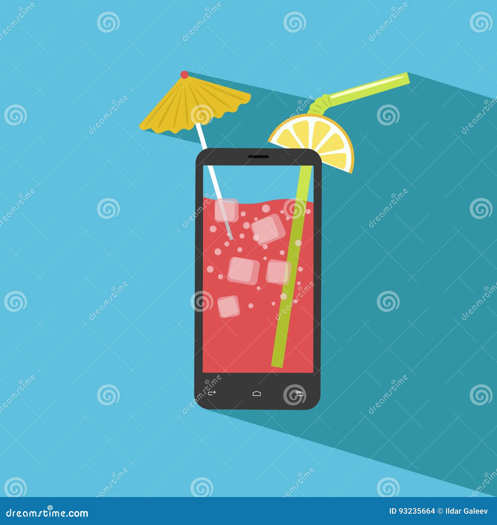 smartphone filled with fresh juice. icecubes, umbrella, slice of lemon, straw
