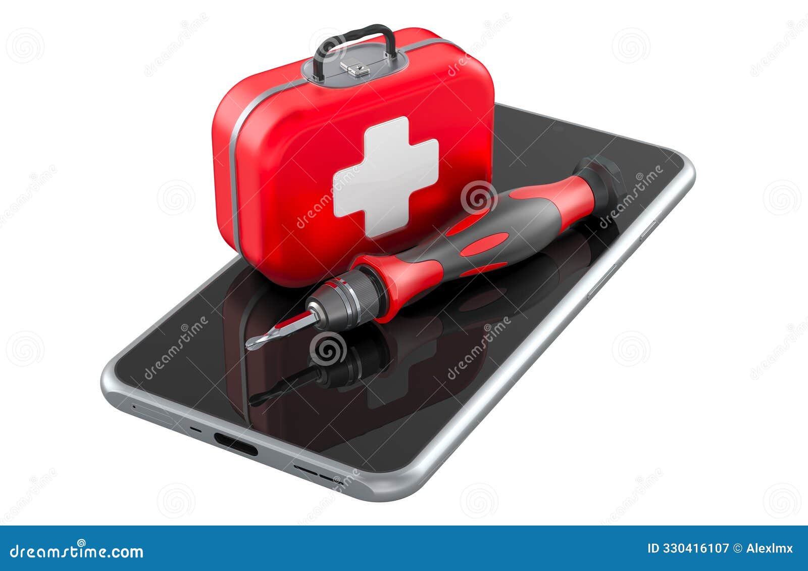 smartphone with first aid kit and precision screwdriver. cell phone repair service, concept. 3d rendering