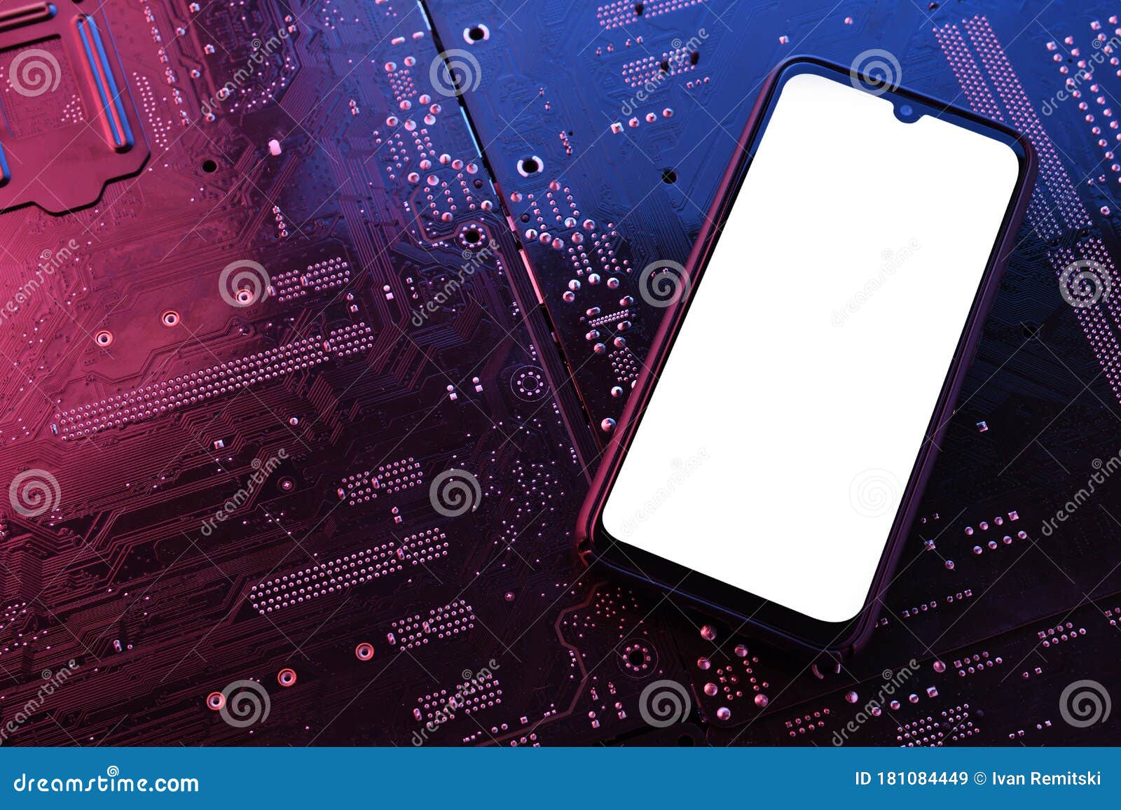 smartphone frame less blank screen on computer motherboard tecnologic background. mockup generic device.template for infographics