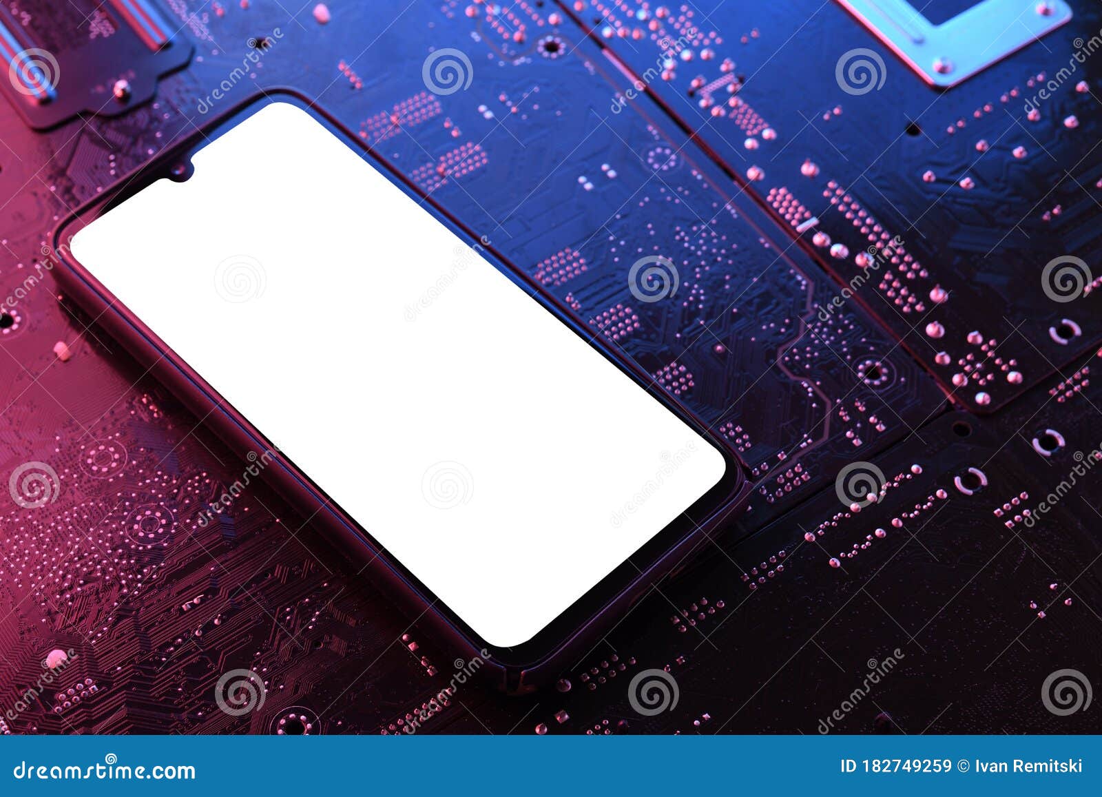 smartphone frame less blank screen on computer motherboard tecnologic background. mockup generic device.template for infographics