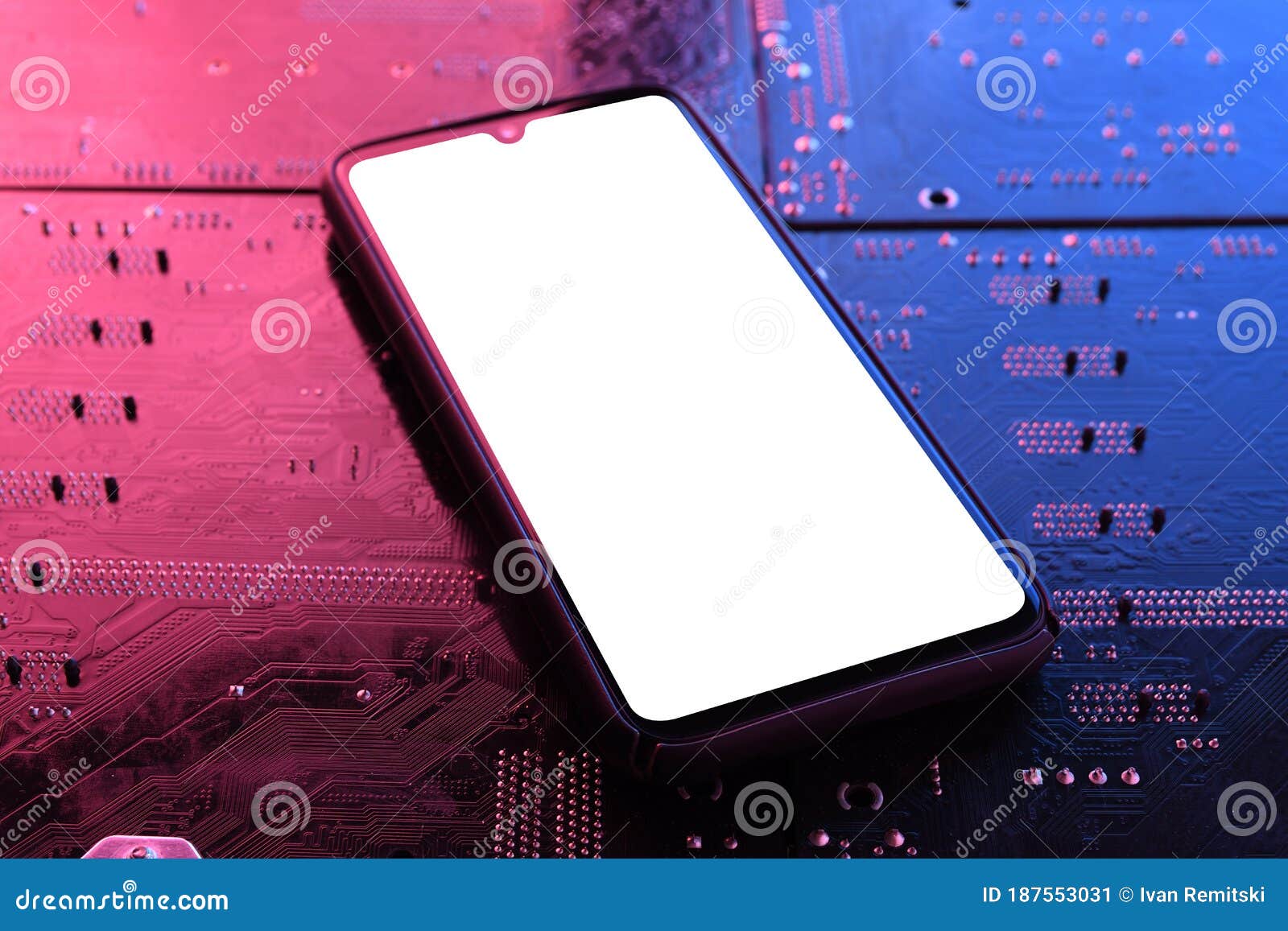 smartphone frame less blank screen on computer motherboard tecnologic background. mockup generic device.template for infographics