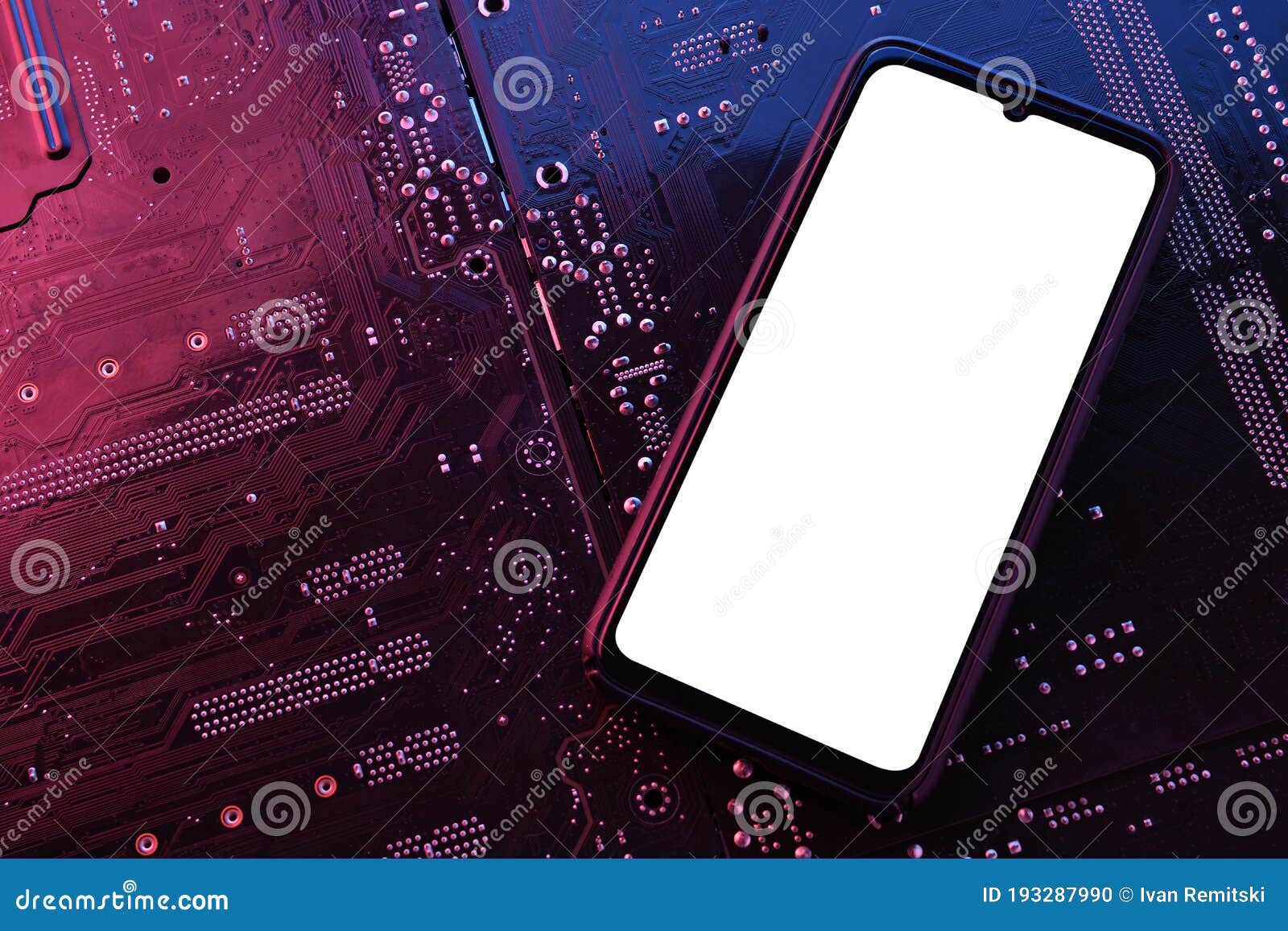 smartphone frame less blank screen on computer motherboard tecnologic background. mockup generic device.template for infographics