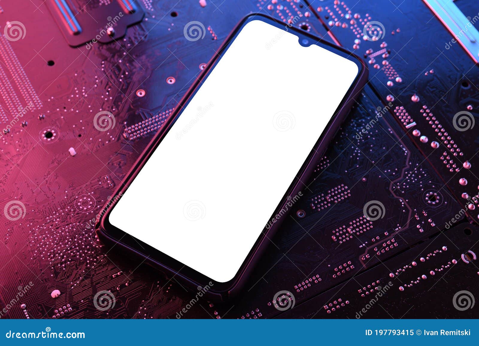 smartphone frame less blank screen on computer motherboard tecnologic background. mockup generic device.template for infographics